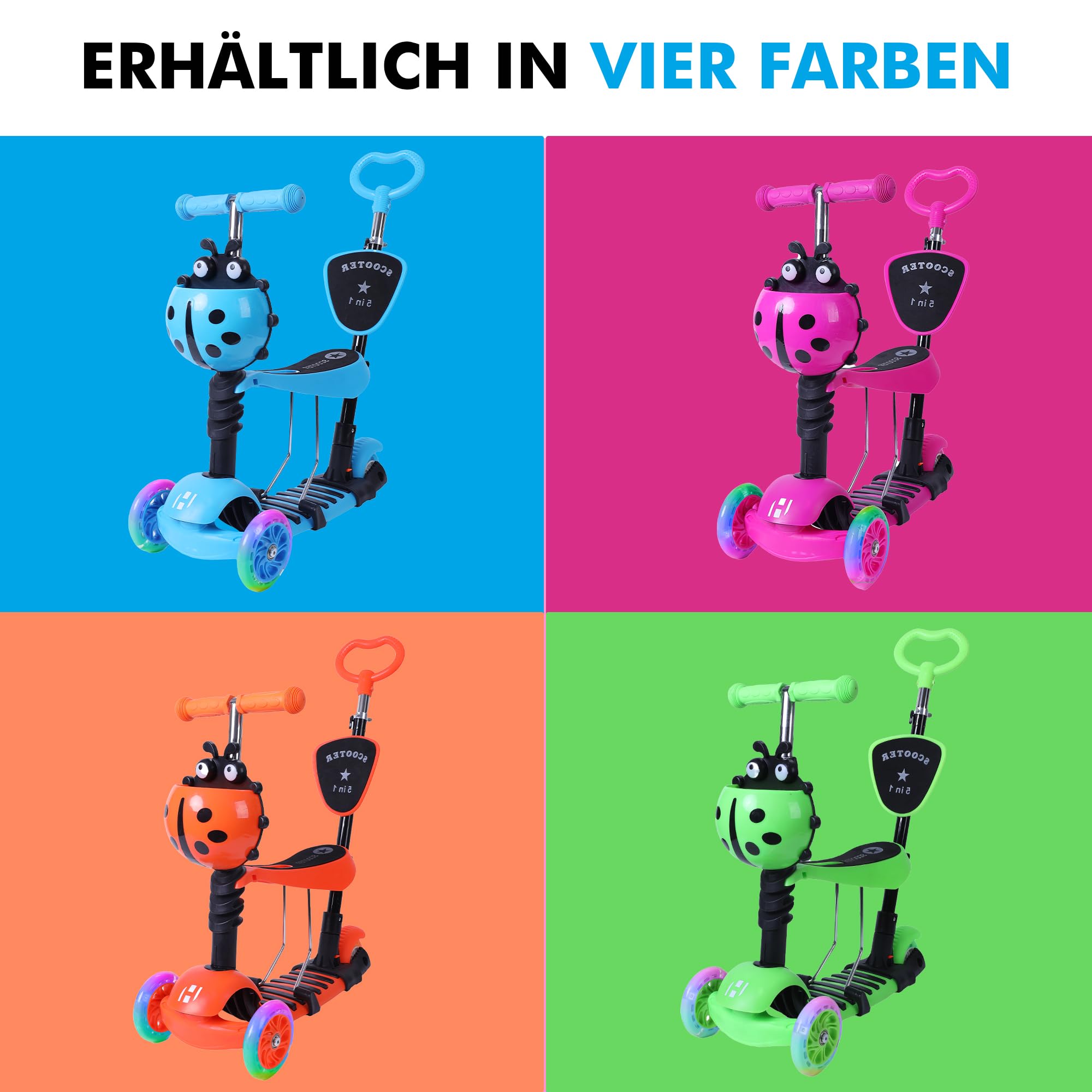 Habib 5-in-1 Kinderroller mit Rückenlehne für Jungen und Mädchen - Abnehmbarer Sitz, LED-Räder, Höheverstellbarer Lenker, Tretroller - Kinder Roller Outdoor Spiel, für 2-8 Jahre Kinder