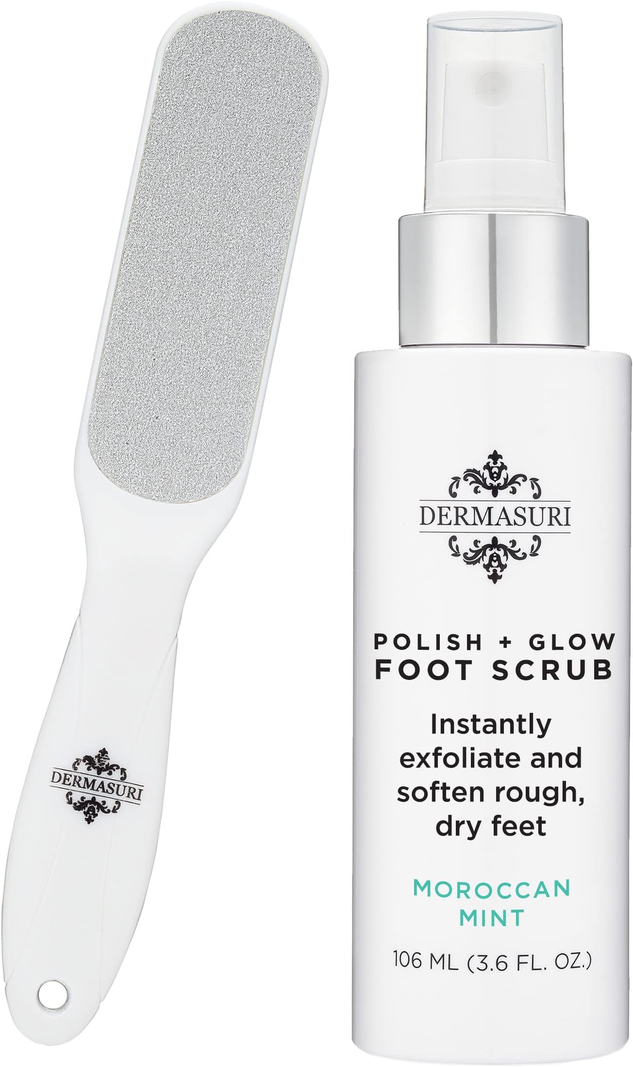 Dermasuri Callus Remover Foot Scrub - Exfoliating Feet Spray and High End Foot File - Dead Skin Remover, Callus Rasp, Scrubber, Peel and Soften Cracked Heels - Deluxe Pedicure Spa Treatment