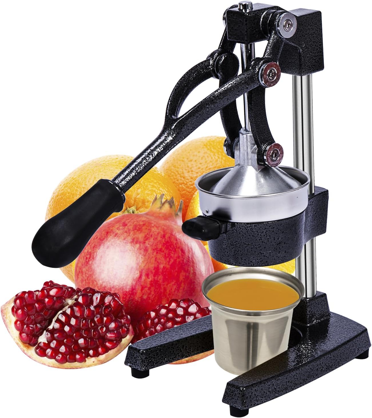 Commercial Heavy Duty Cast Iron Hand Press Manual Orange Citrus Lemon Lime Grapefruit Pomegranate Fruit Juice Squeezer Machine with Stainless Steel Cup Black