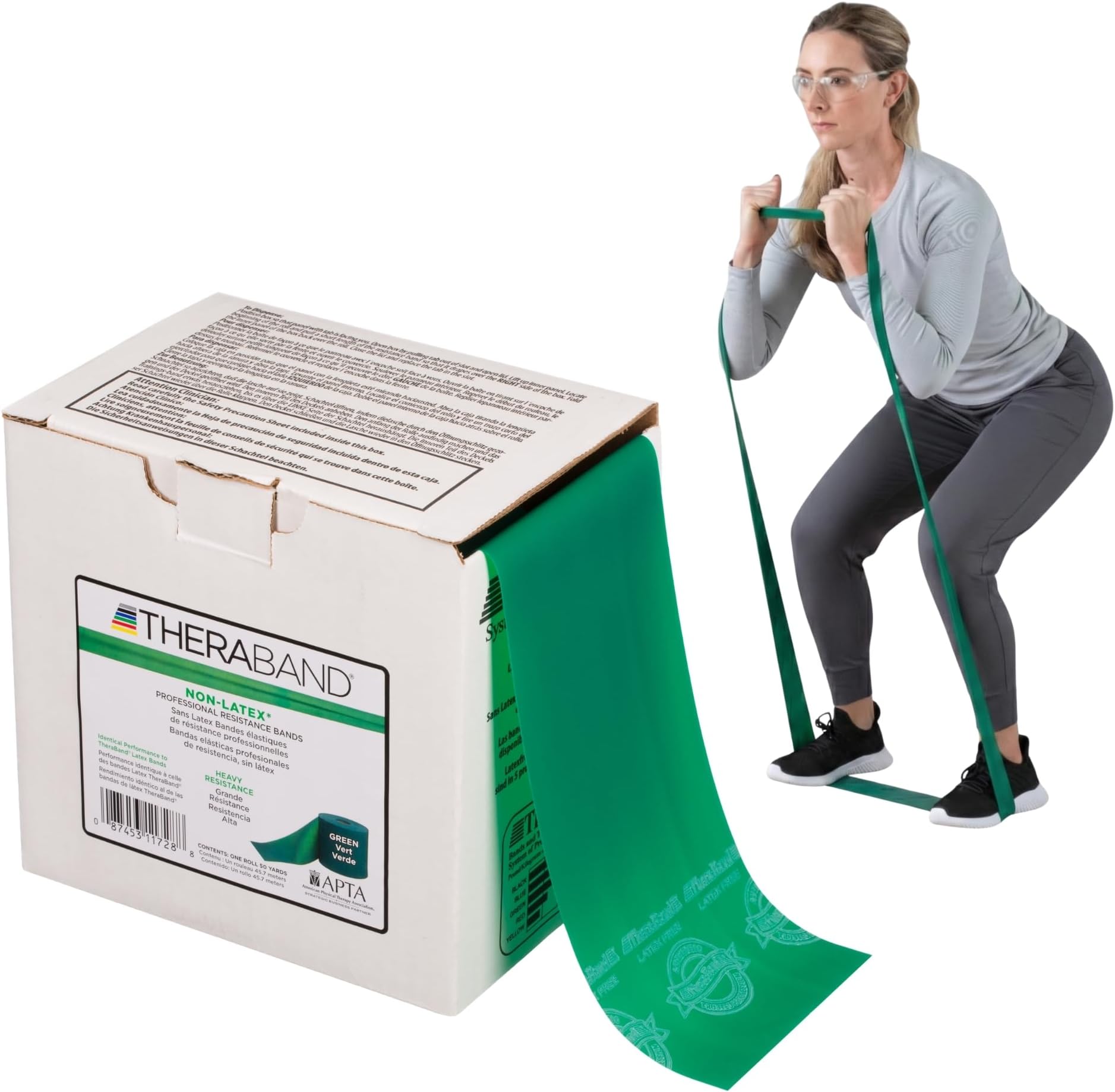 Resistance Band 50 Yard Roll, Heavy Green Non-Latex Professional Elastic Bands for Upper & Lower Body Exercise, Physical Therapy, Pilates, Rehab, Dispenser Box, Intermediate Level 1