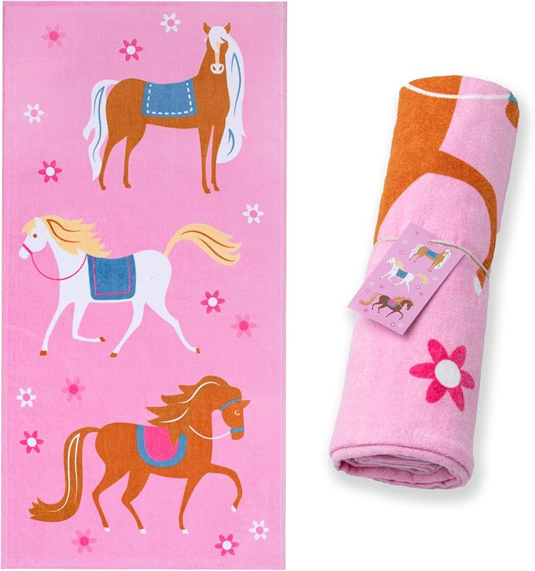 Kids 64 x 32 Inch Beach Towel for Boys & Girls – 100% Cotton, Soft & Absorbent Pool & Beach Towel for Bath, Beach & Outdoor Use, Easy to Carry, Ages 3+ – Horses