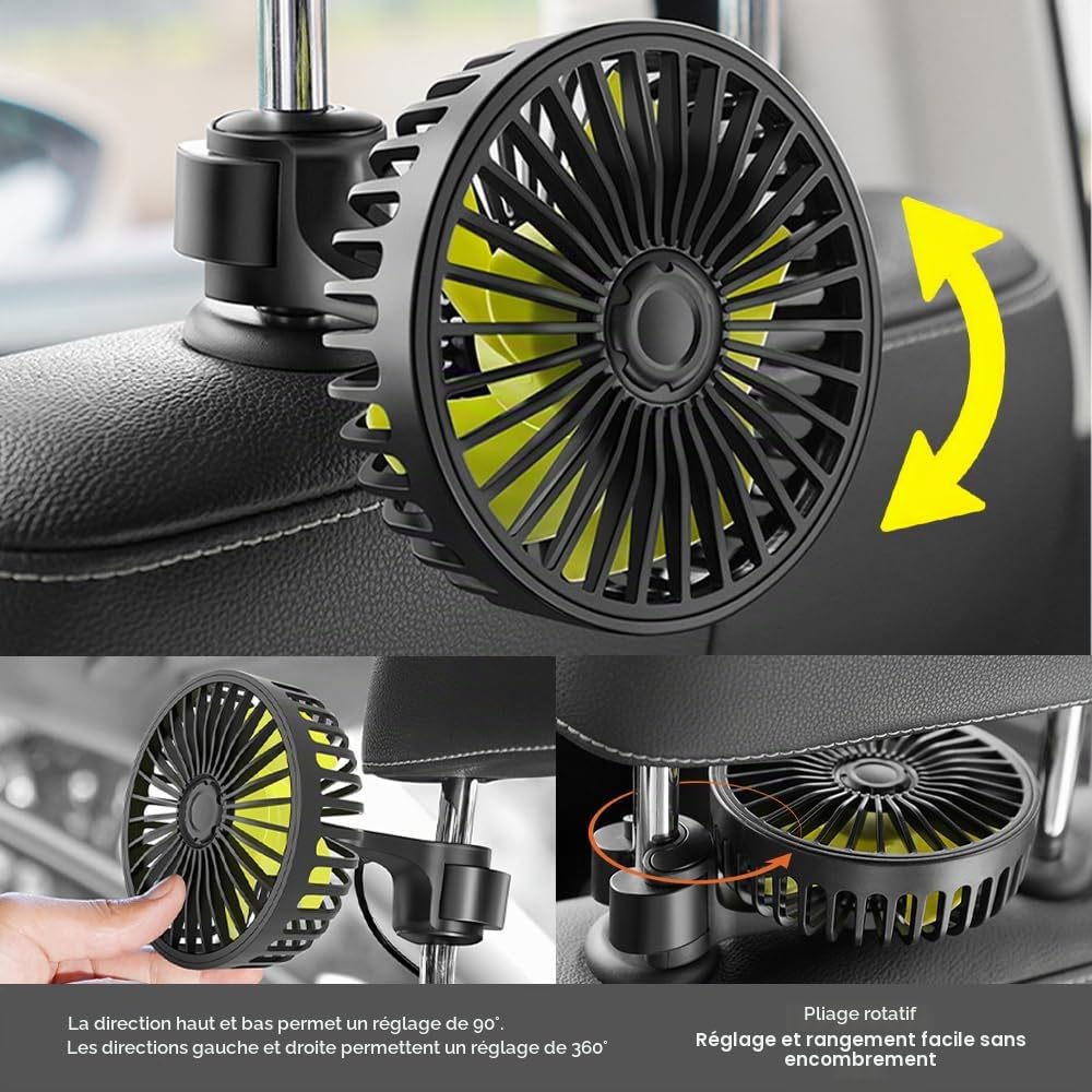 Ventilateur Voiture USB pour Siège Arrière, Refroidissement Silencieux Ventilateur pour Voitures avec 3 Modes de vent fort et Rotation à 360°, pour Voiture, SUV, RV, Camion, Van
