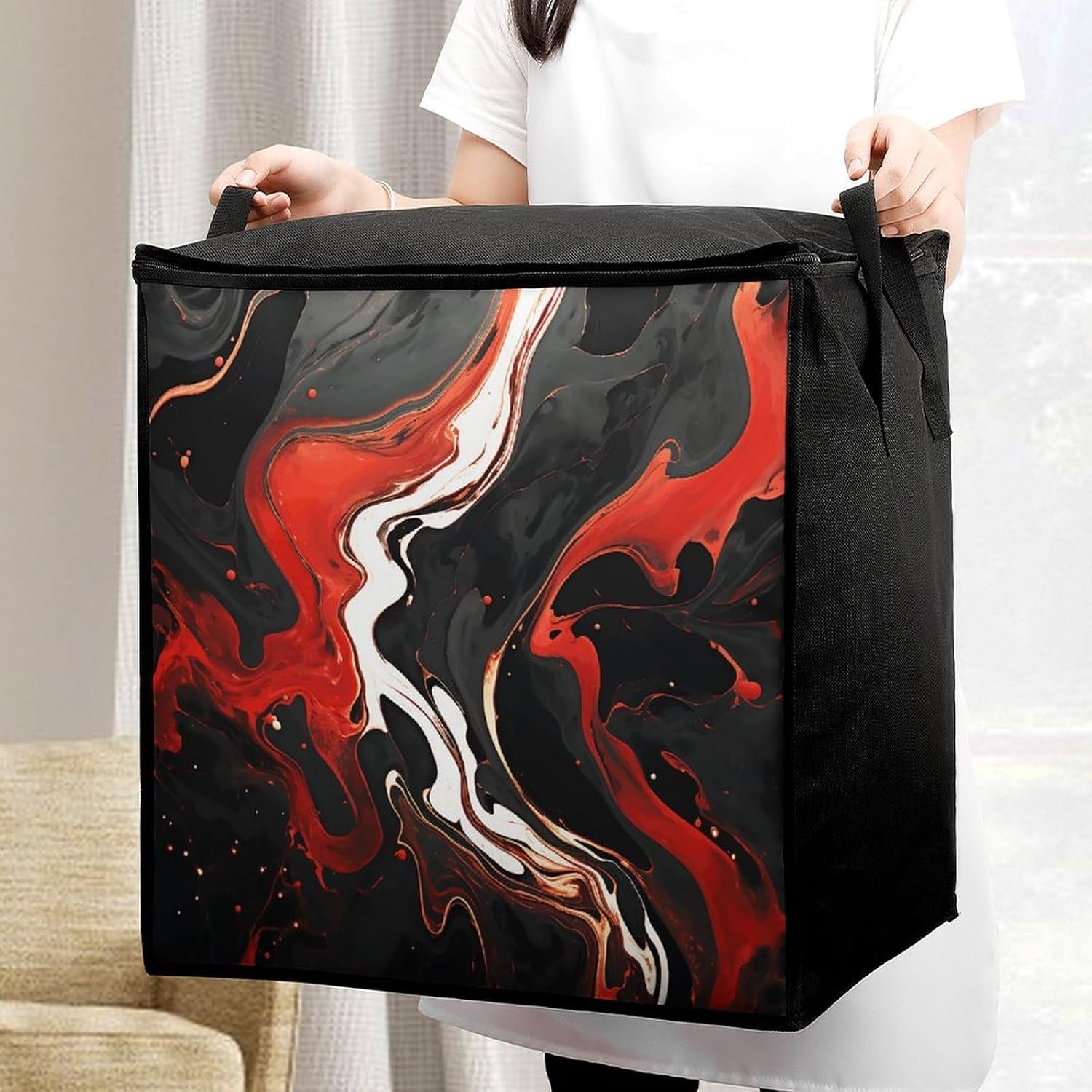 Black And Red Marble Comforter Storage Bag Moving Bag | Clothes Storage Bins-70L,Moving Bag With Dual Handles For Easy Carrying, Zipper Design Durability for Home,Bedroom,Closet