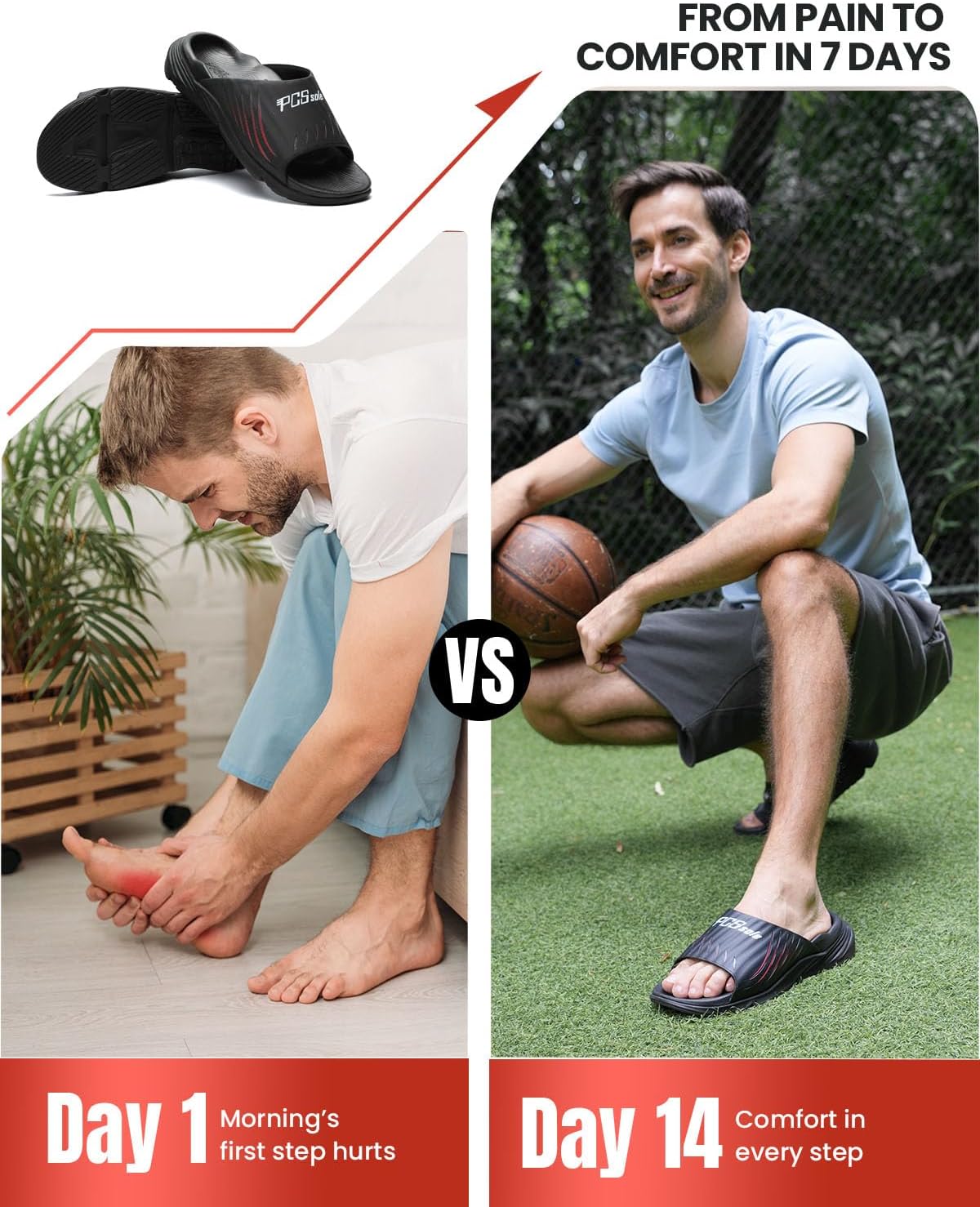 PCSsole Recovery Sandals with High Arch Support - Orthotic Open Toe Sport Slides with Comfort Cushion & Rubber Sole - Plantar Fasciitis Slipper for Foot Pain - Flat Feet - Heel Pain