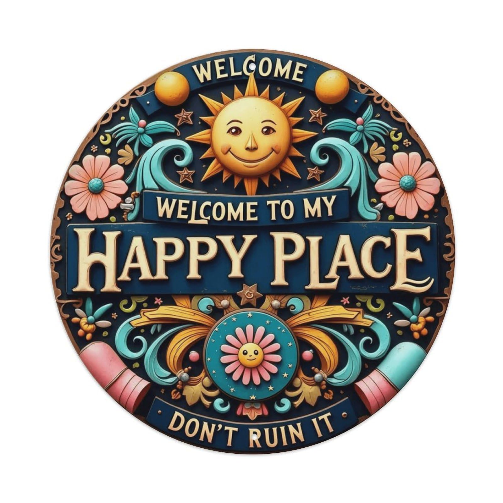 Ldfuieksufg Style Round Cartoon Sun Flower Welcome Happy Place Wall Sign Home Decor Vintage Aluminium Metal Sign, Retro Wall Decor For Home, Bar, Garage & Farmhouse 20X20cm