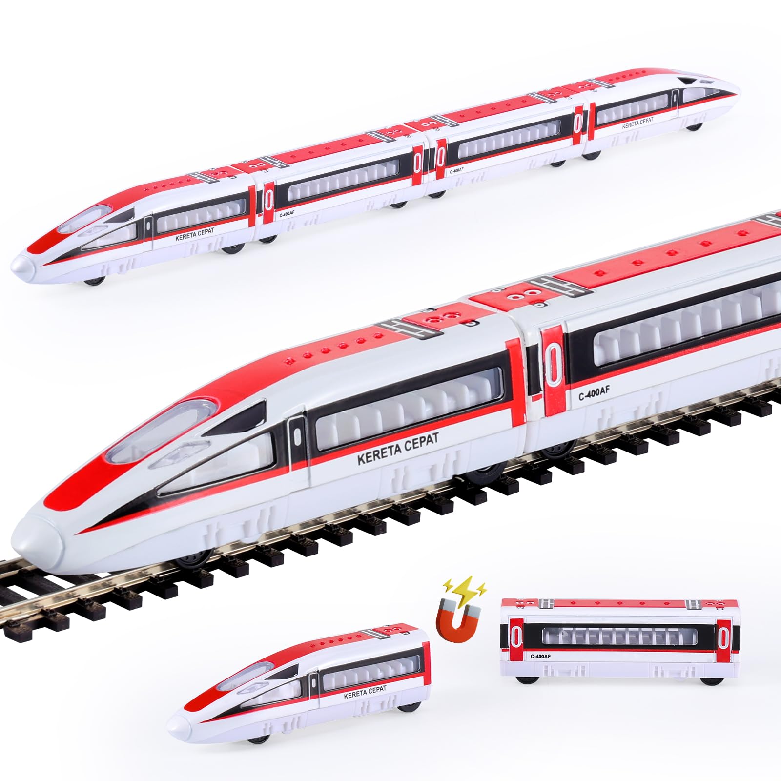 VBACALA Tren de Juguete Magnético para Niños, 4 Piezas con Locomotoras y Vagones, Juego Educativo con Función de Retroceso, Regalo Ideal para Pequeños Conductores para Niños +3 Años