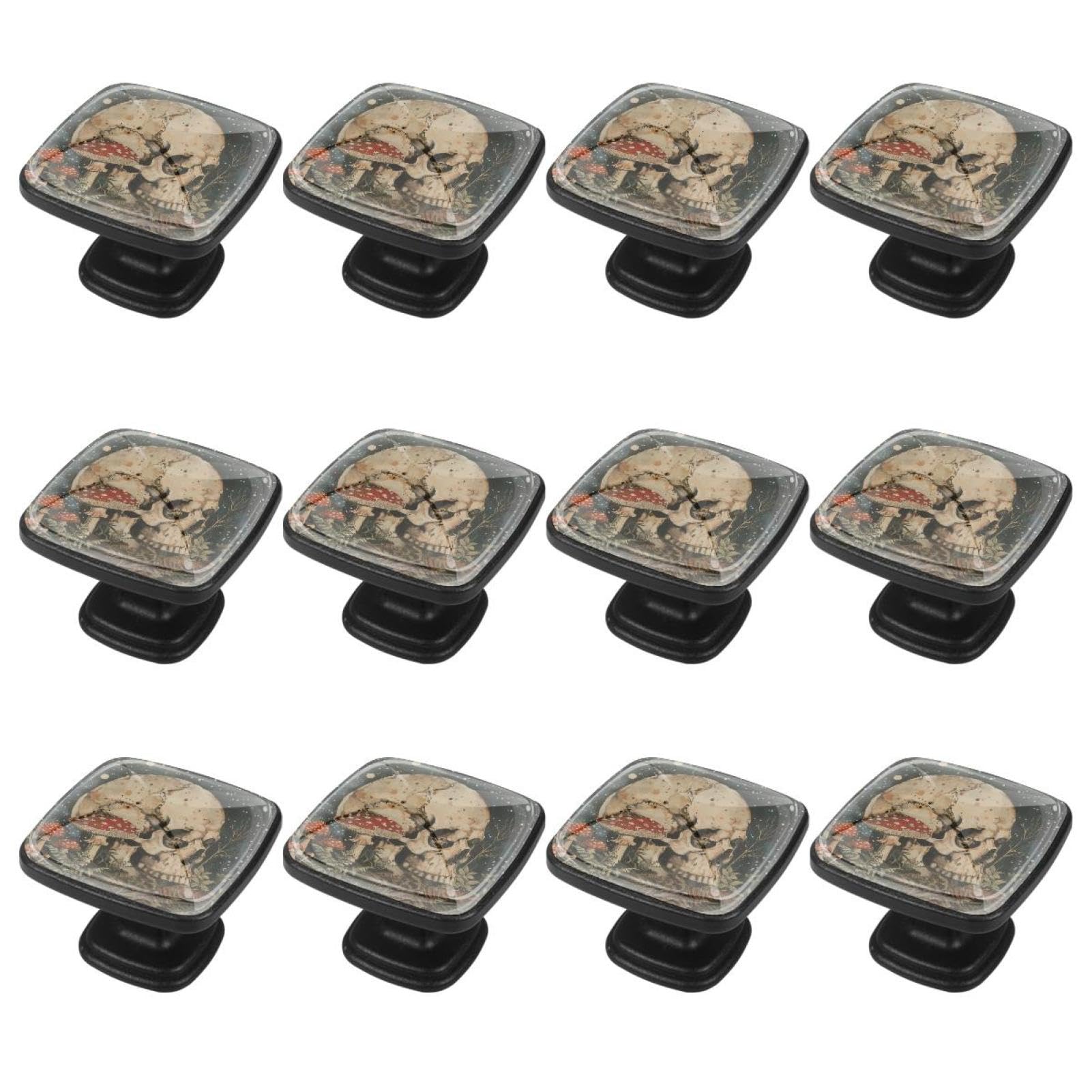 IROLSKDNFH 12 Pieces Skull Mushroom Vintage Plants Moon Garden Glass Knobs for Dresser Drawers, 1.37 x 1.10 in Square Kitchen Cabinet Pulls for Home Office Nursery Kids Room