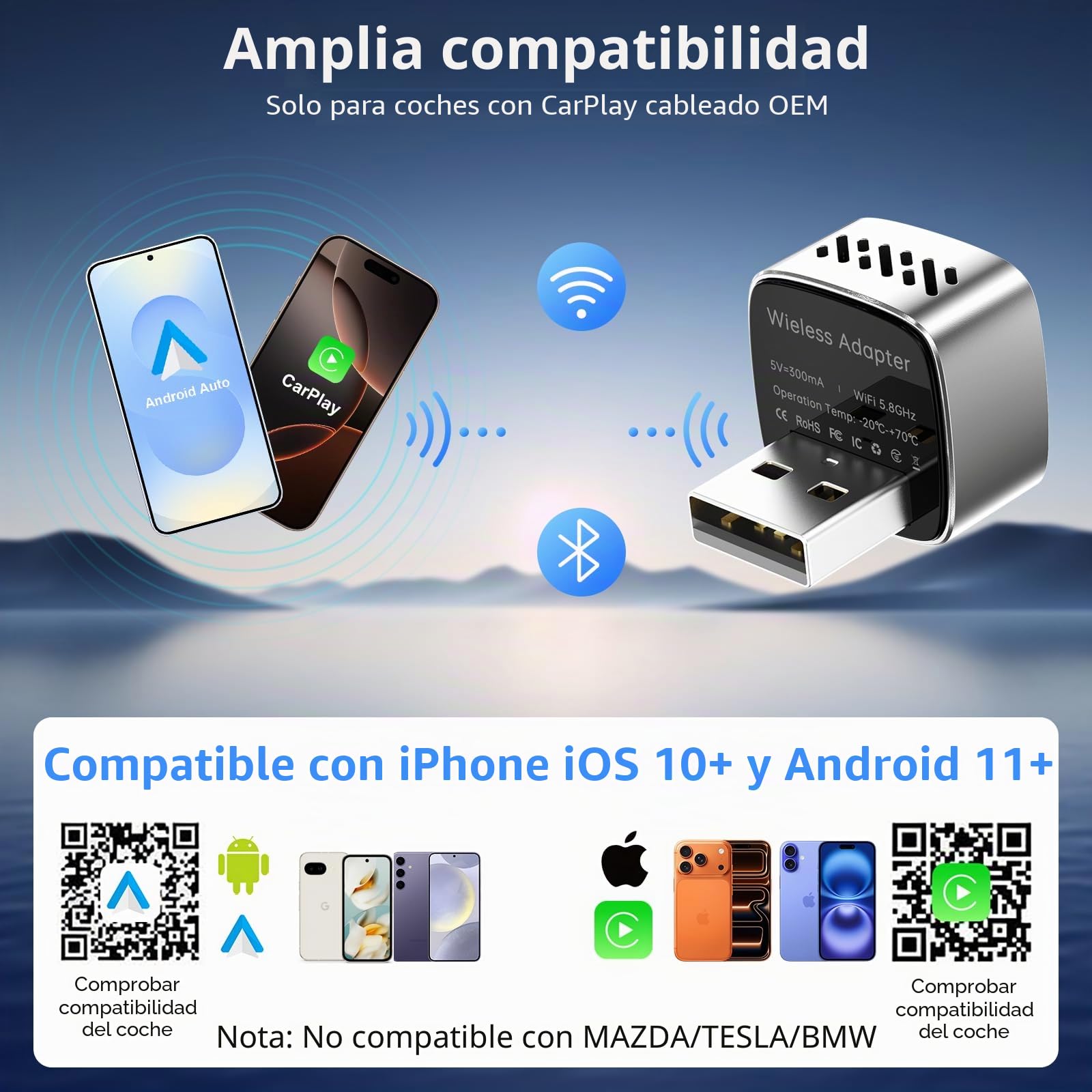 2026 Mini Carplay Wireless Adapter & Dongle Android para iPhone/Android — Convierte CarPlay con Cable en Wireless Car Play Adapter, Compatible con Coches OEM CarPlay Desde 2016+, Auto Connect