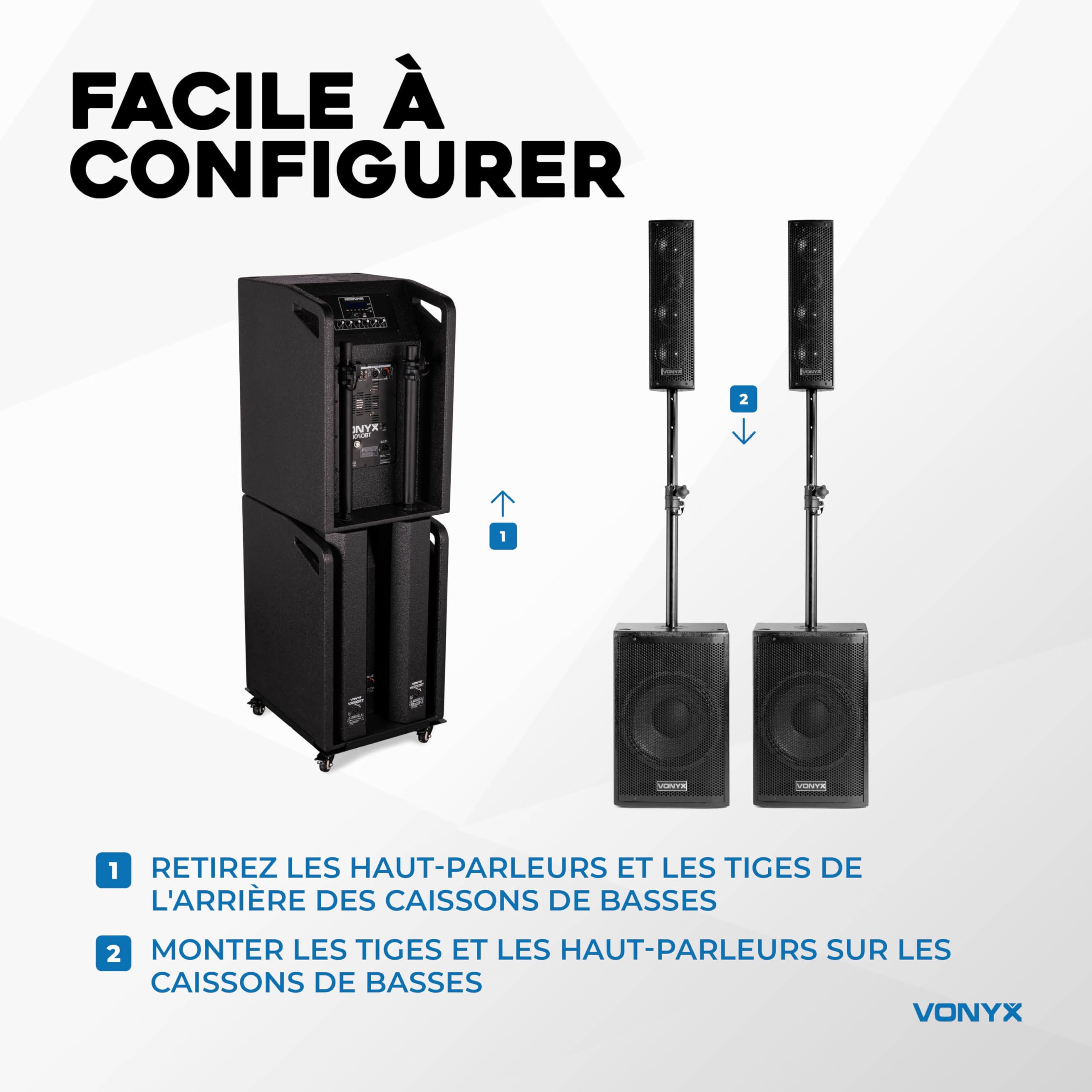 VONYX VX1050BT - Système de Son Triphonique 2.2 avec Micro, Puissance de 1150W, Idéal pour Soirées et Evènements, BT/MP3/SD/USB/AUX, Prêt à l'emploi, se Range Facilement