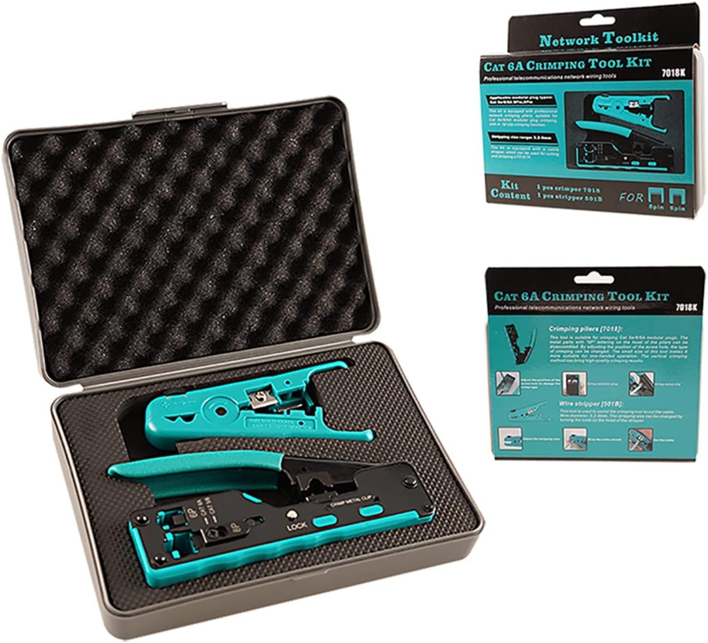 Tool Kit, Crimping Tool, RJ45 Crimp Tool Kit Ethernet Crimper Cat5 Cat5e Cat6 Cat6A Cat7 Crimping Tool Kit for RJ45 RJ11, Wire Stripper