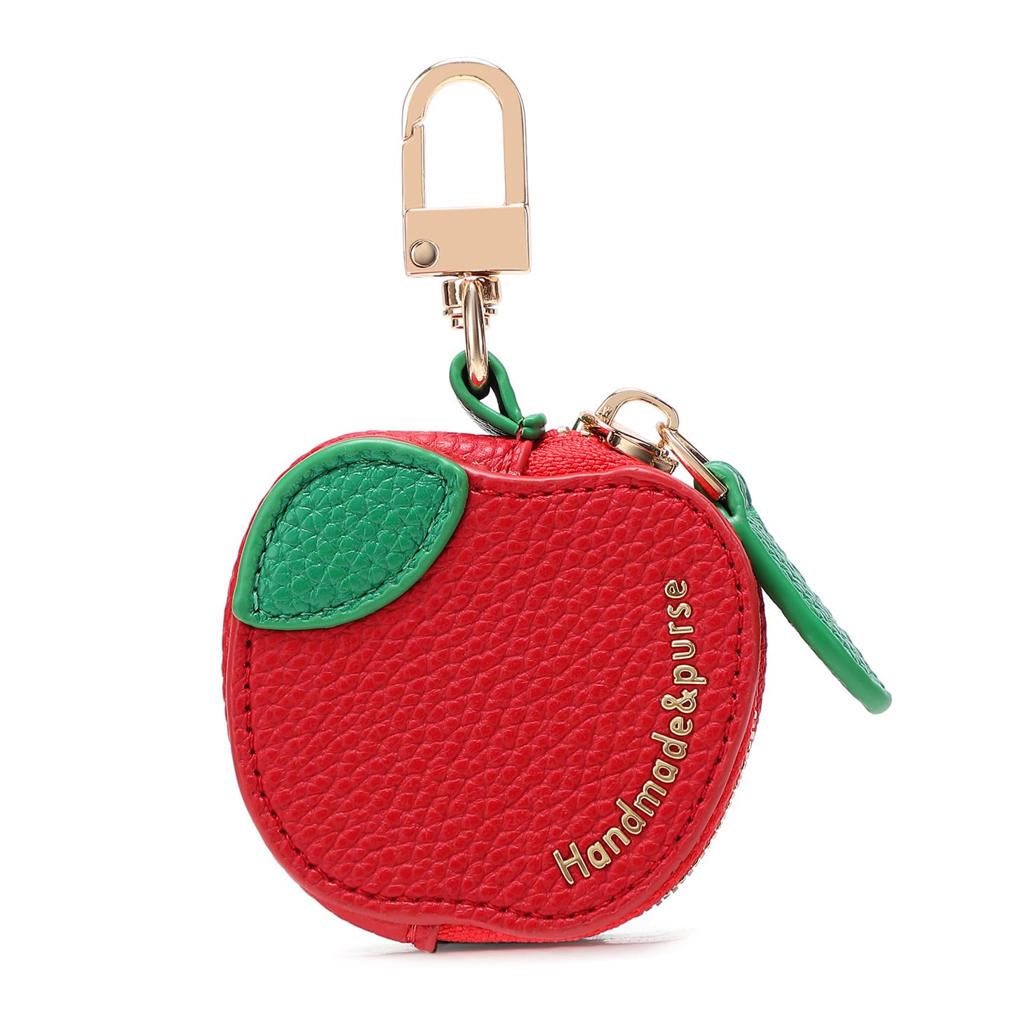 Cute Coin Purse Keychain for Girls | Mini PU Leather Zipper Pouch for Coins & Earbuds (Apple)-image-3