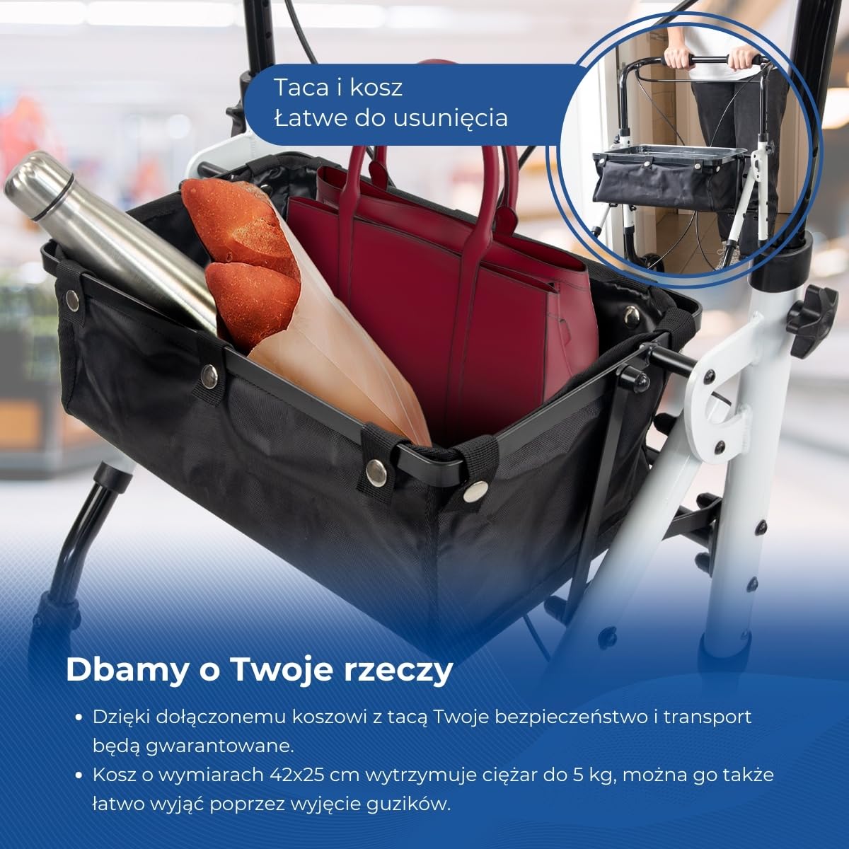 Olimpo Mobiclinic Aluminiowy składany chodzik z torbą i tacą 4 kółka biały