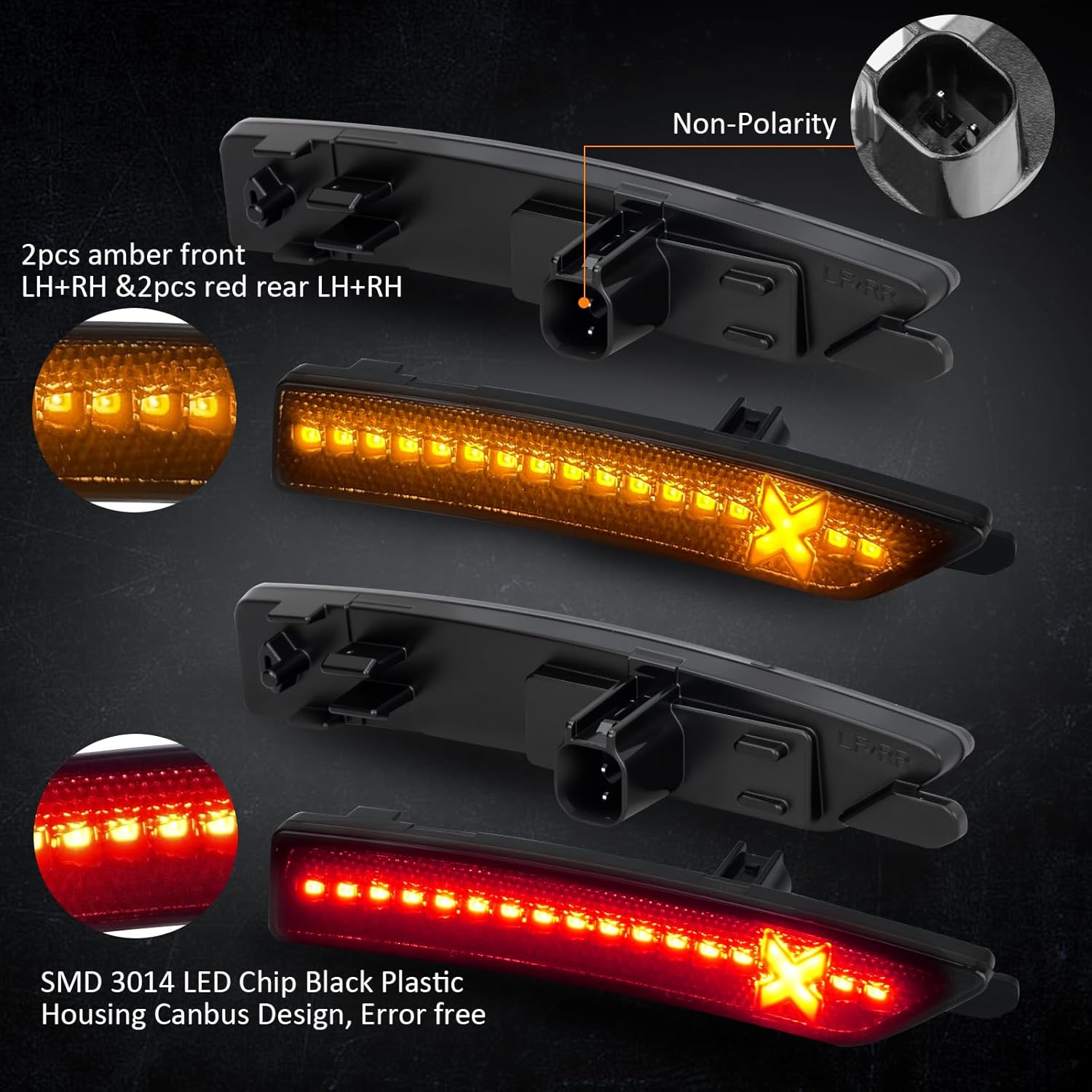 Bestview Xstyle Amber Red LED Side Marker Lights [Patent Pending] for 2024-Up Ford Mustang Gen7/S650, Smoke Lens Front&Rear Bumper Reflector Turn Signal Lamp Assembly Kit accessories,Pack of 4