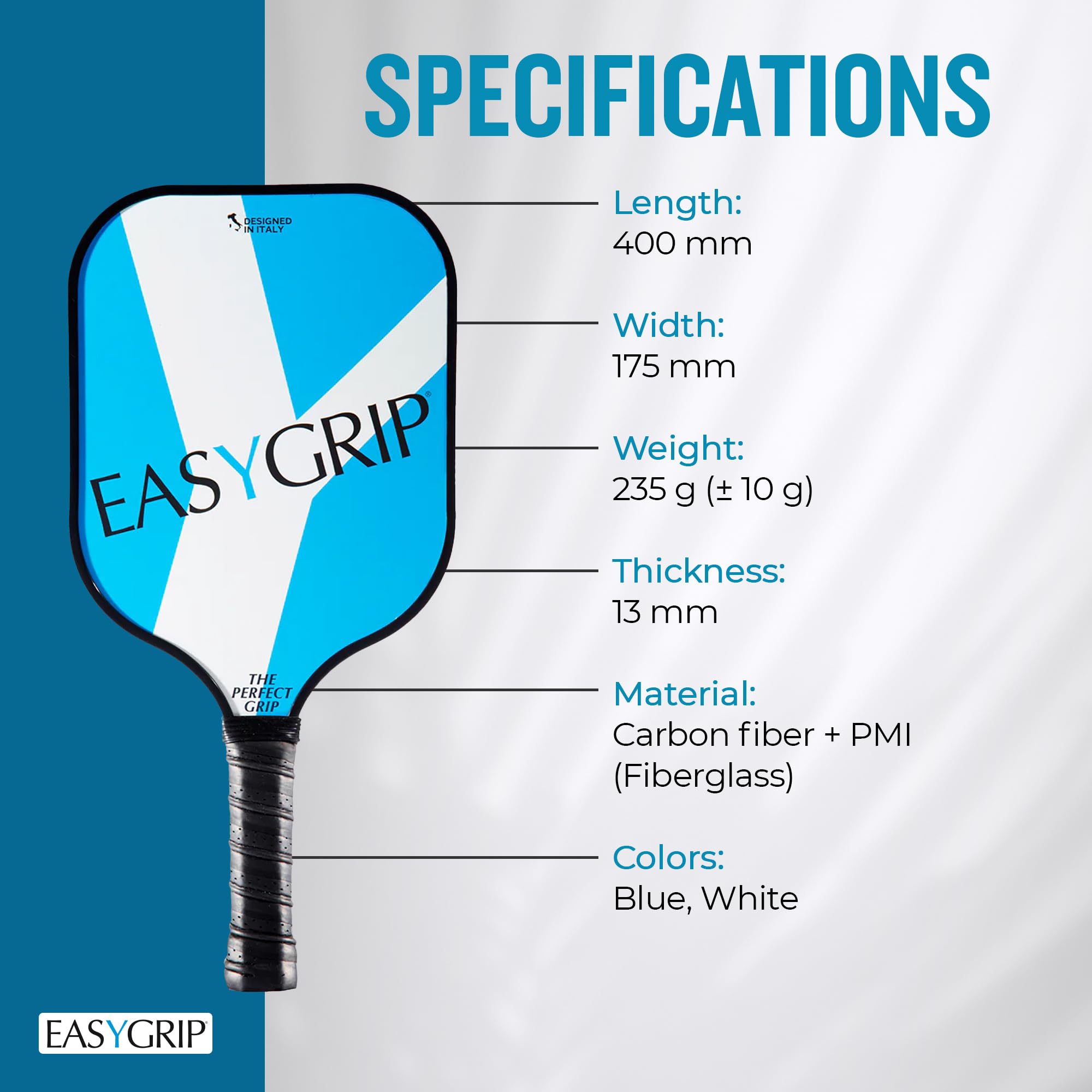 EasyGrip Rakieta Pickleball Donatello BASIC - włókno węglowe i włókno szklane, kontrola i komfort dla początkujących - Sweet Spot szeroki, lekki i poręczny, jasnoniebieski/biały