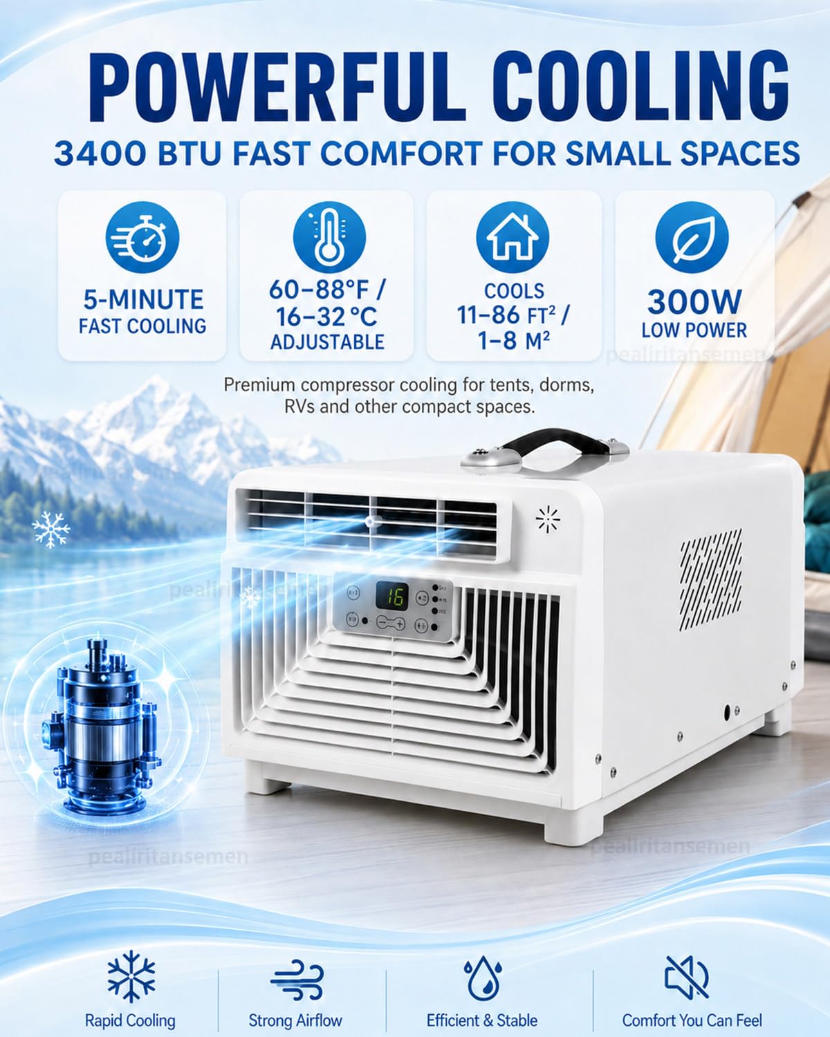 Klimatyzator Mobilny 3400 BTU, Kompaktowe Urządzenie 3 W 1 Z 3 Trybami I Mocą Znamionową Tylko 300 W, Pilot Zdalnego Sterowania I Timer 1–12 Godzin, Do Akademika, Namiotu I Kampera