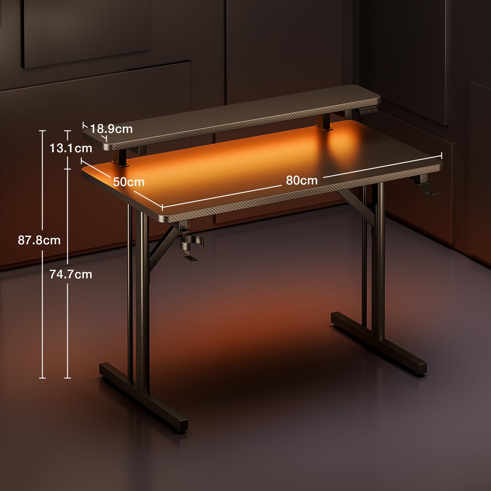 ODK Gaming Tisch, Kleiner Gaming Schreibtisch mit LED Beleuchtung, 80cm Computertisch mit Monitorablage, Carbon Fiber Schwarz PC Gamer Tisch