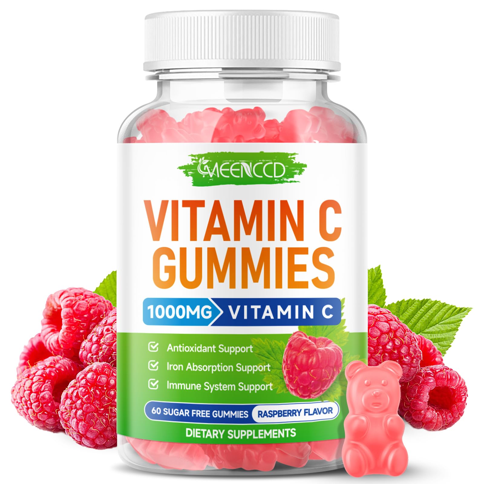 MEENCCD Organic Vitamin C Gummies for Adults, Chewable Vitamin C Gummies with Zinc for Antioxidant Support, Vegan, Sugar-Free, Raspberry Flavor, 60 Count 60 Count (Pack of 1)