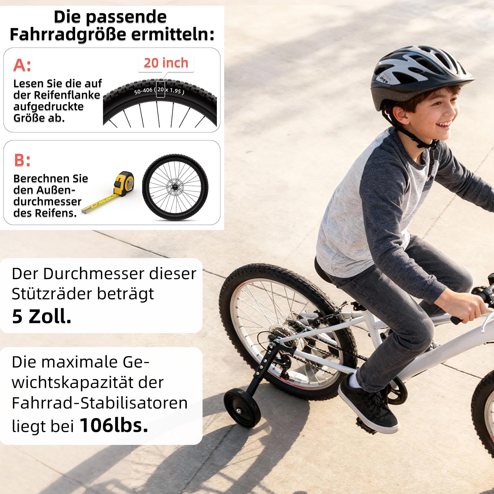 Kinderfahrrad Stützräder Verstellbare Stützräder für 16, 18, 20, 22, 24 Zoll Kinderräder & Mehrgangräder - Inklusive Komplettem Montageset, 1 Paar, Schwarz