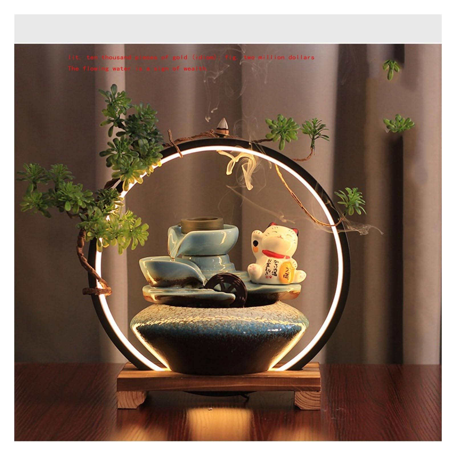 Fontaine d’Intérieur Mini aquarium de jardin zen avec fontaine de chat porte-bonheur – Nouvelle caractéristique d'eau de bureau – Cadeau Feng Shui for la maison et l'entreprise Fontaine de Table
