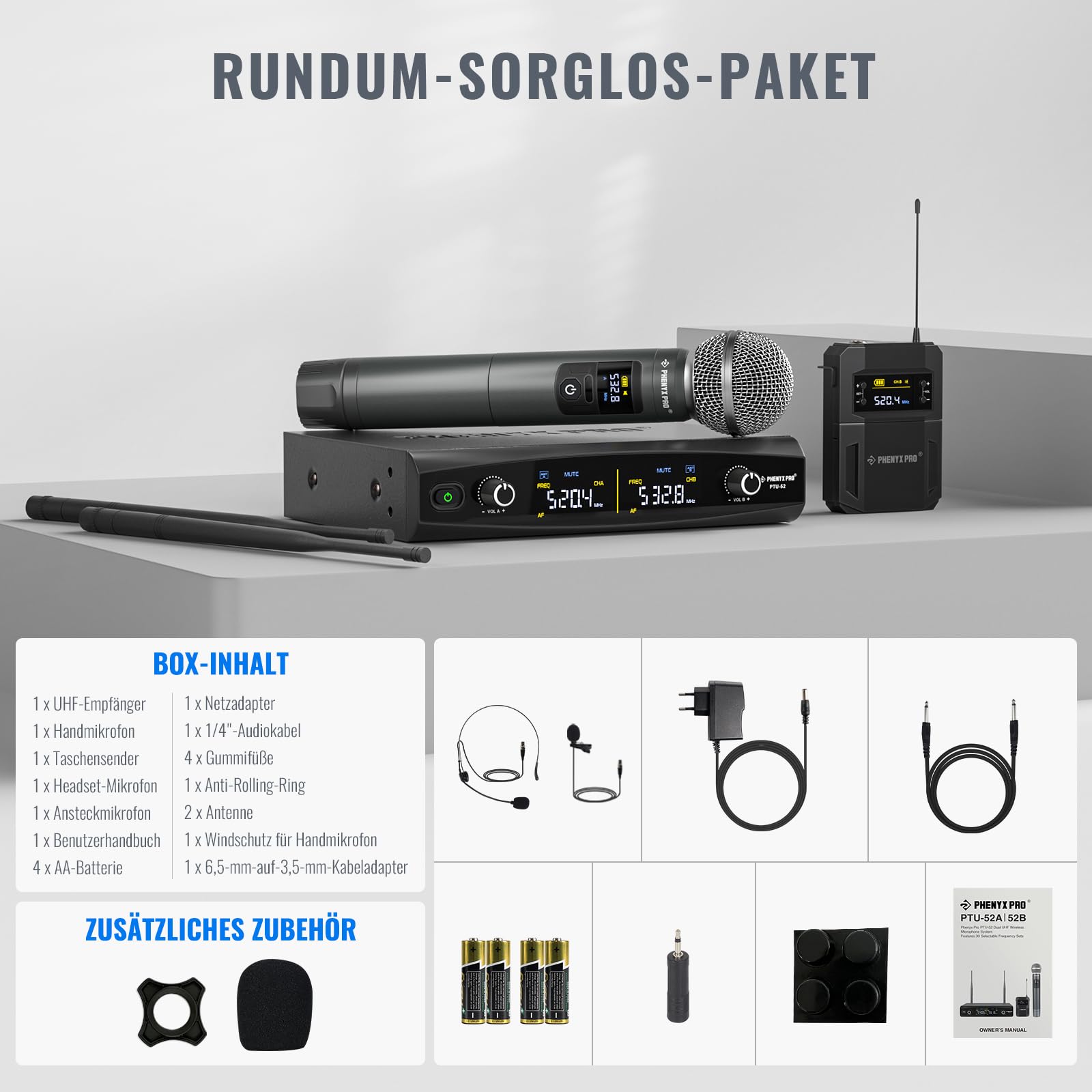 Phenyx Pro Kabelloses Mikrofon-Set mit Handmikrofon/Bodypack/Headset/Lavalier-Mikrofonen, 2x30 UHF-Frequenzen, ideal für Gesang, Karaoke, Kirche, DJ (PTU-52B)