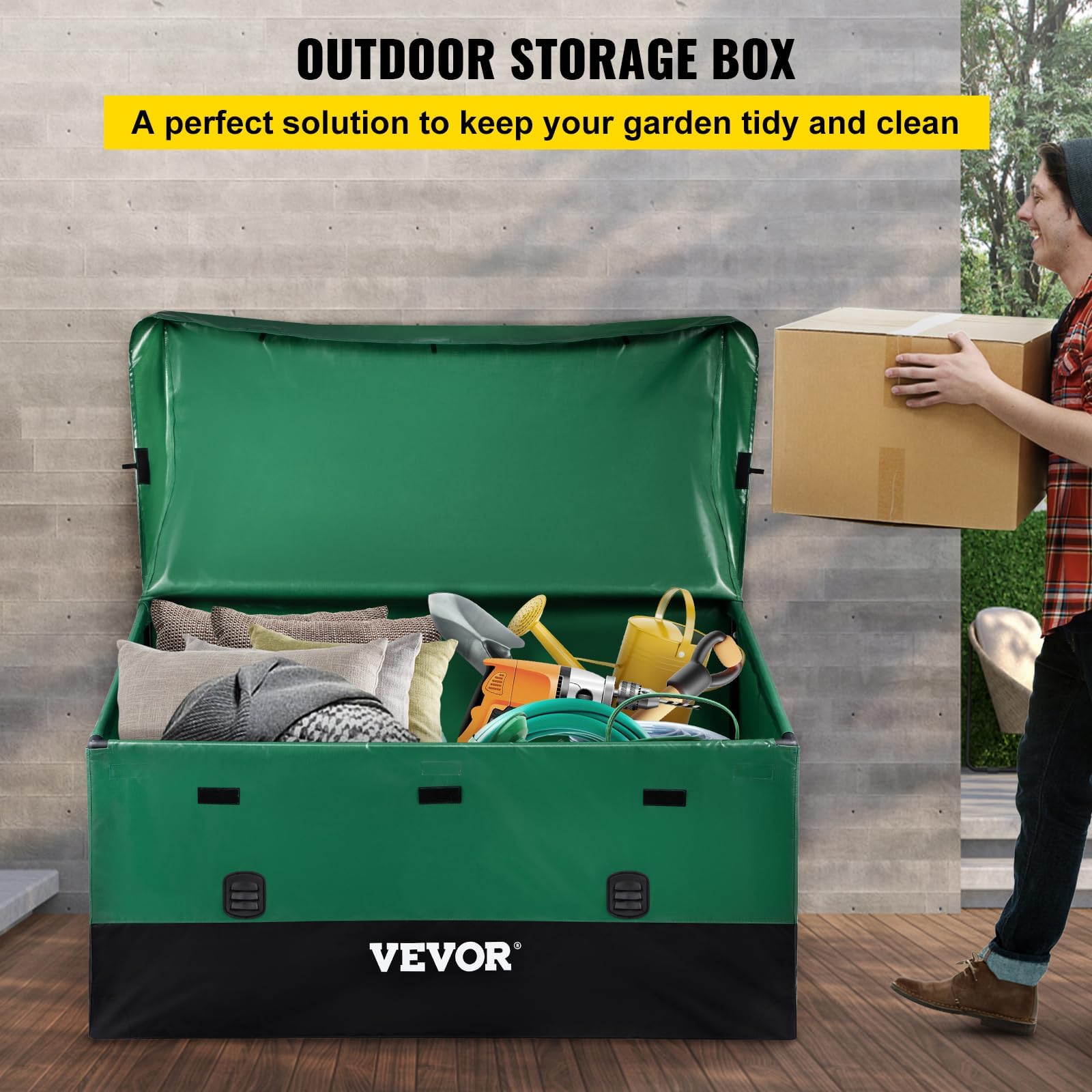 VEVOR Scatola per Stoccaggio da Esterno in PE Impermeabile 1013L con Coperchio e Manici, Contenitore Porta Attrezzi da Giardino