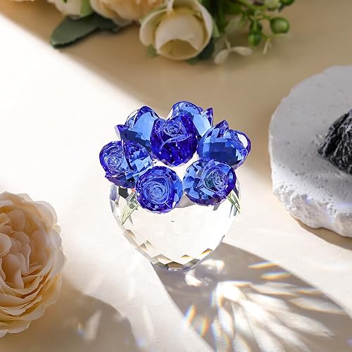 Miniatura 5 de Movdyka Figuras de rosas de cristal azul con jarrón de cumpleaños para mujeres, mamá, adorno de cristal, decoración de Navidad, día de San Valentín,
