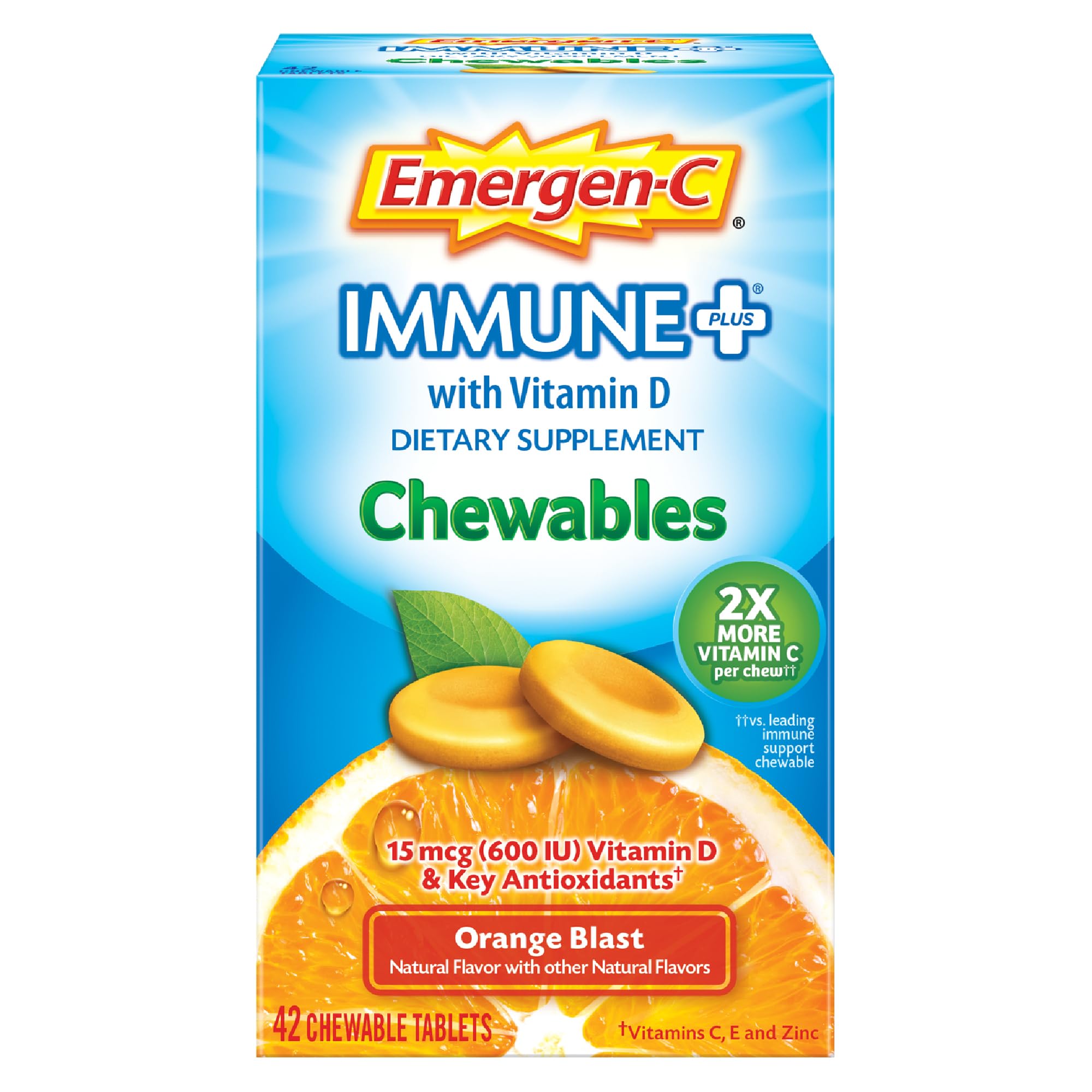 Emergen-C Immune+ Chewables Vitamin C 1000mg With Vitamin D Tablet (42 Count, Orange Blast Flavor) Immune Support Dietary Supplement