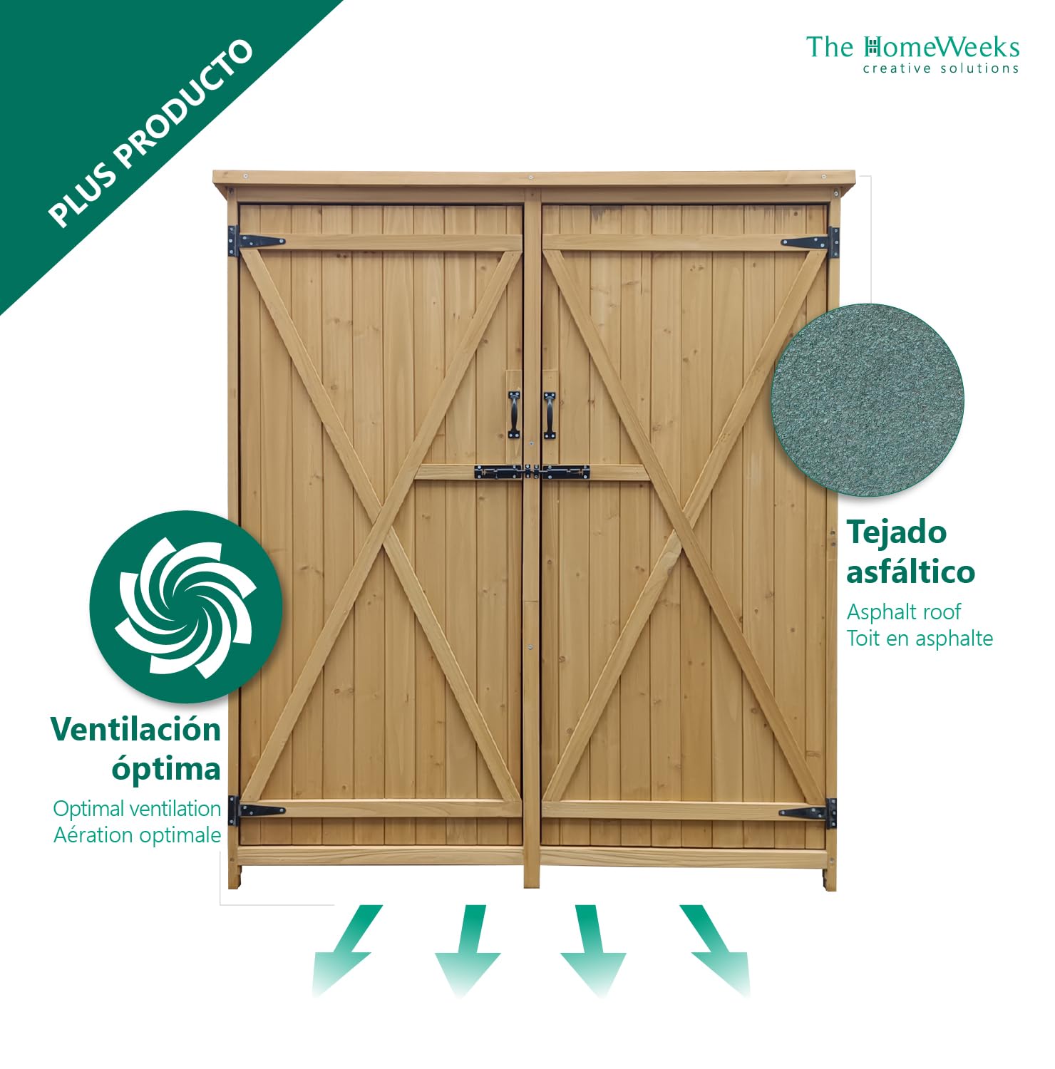 The Homeweeks Cobertizo Armario Jardín ISABA | Madera Tratada Maciza | 135 * 50 * 152cm. | Armario Multiusos Impermeable | Almacenamiento |Doble Puerta con Cerrojo | Cubierta Asfálto Impermeable