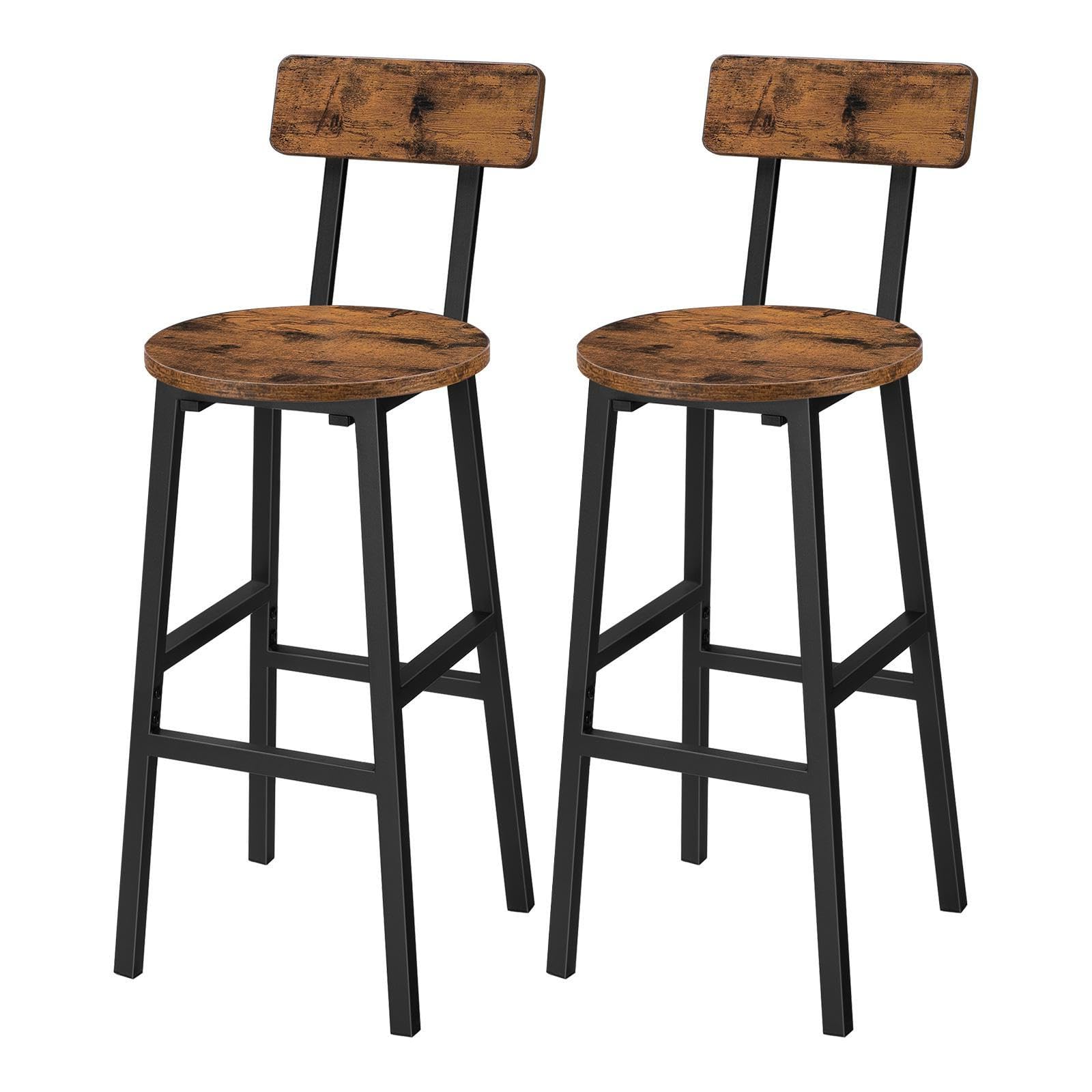 Bar Stools, Set of 2 Round Bar Chairs with Backrest and Footrest, 24.4" Bar Stools, Counter Stools with Adjustable Feet, for Kitchen, Living Room, Pub, Rustic Brown BAHR02101N1