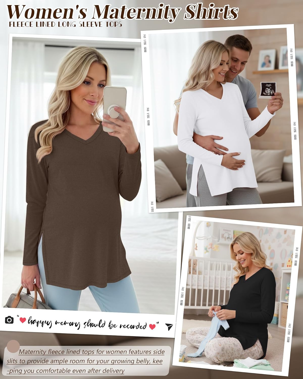3 Pack Women's Thermal Maternity Shirts Fleece Lined Long Sleeve Tops Split Side V Neck Pregnancy Clothes - Image 4