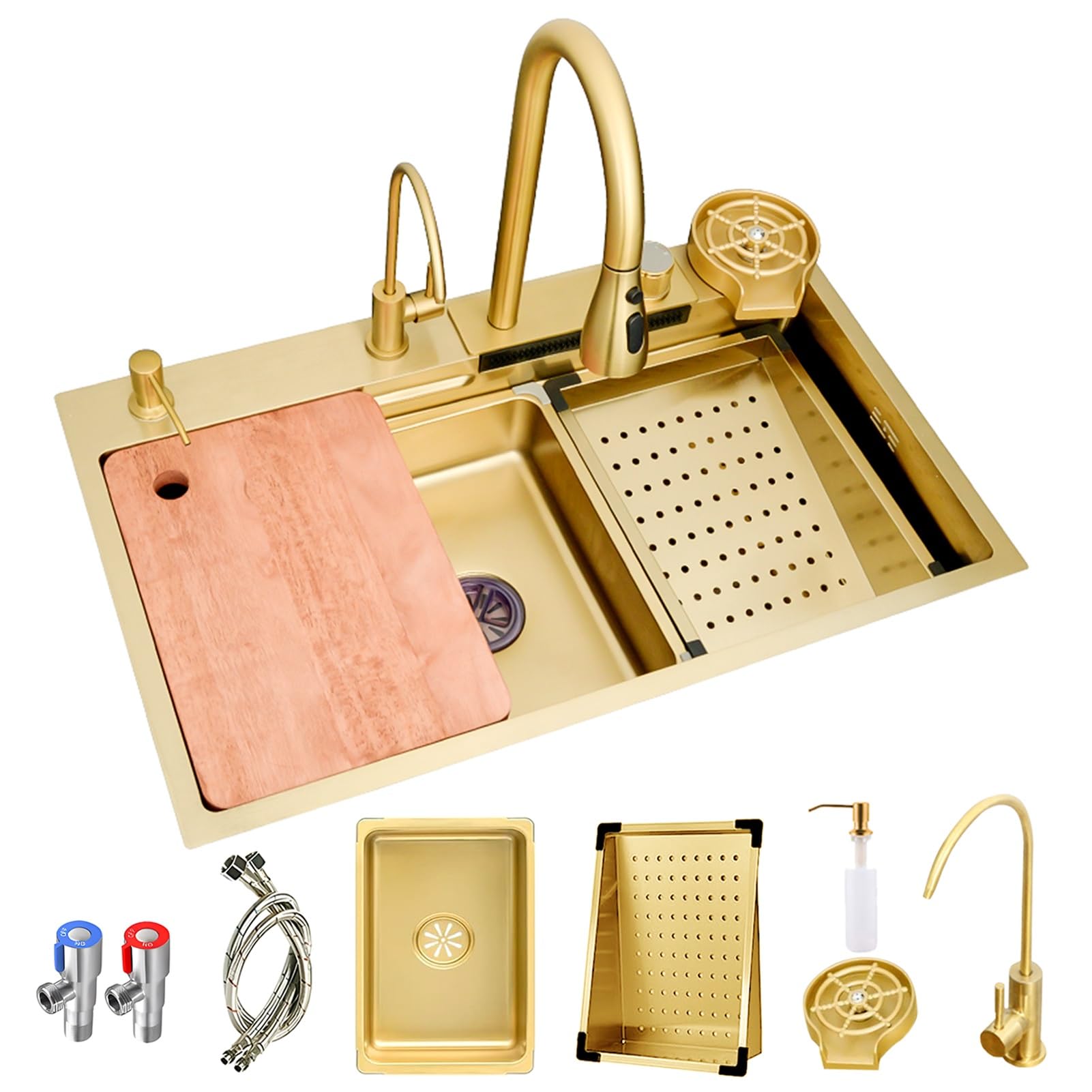 ZQFHSX Gold Kitchen Bar Sink With Waterfall Faucet, Drain Basket, Cup Washer And Kits, Stainless Steel Sink, Multifunction Single Bowl Workstation Sink(68x45x22cm)