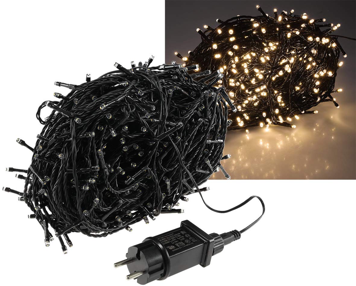 ChiliTec LED Lichterkette Aussen 60 Meter mit 600 LEDs Schwarzes Kabel Spritzwassergeschützt IP44 Beleuchtung Garten Haus Balkon Terrasse Warmweiß