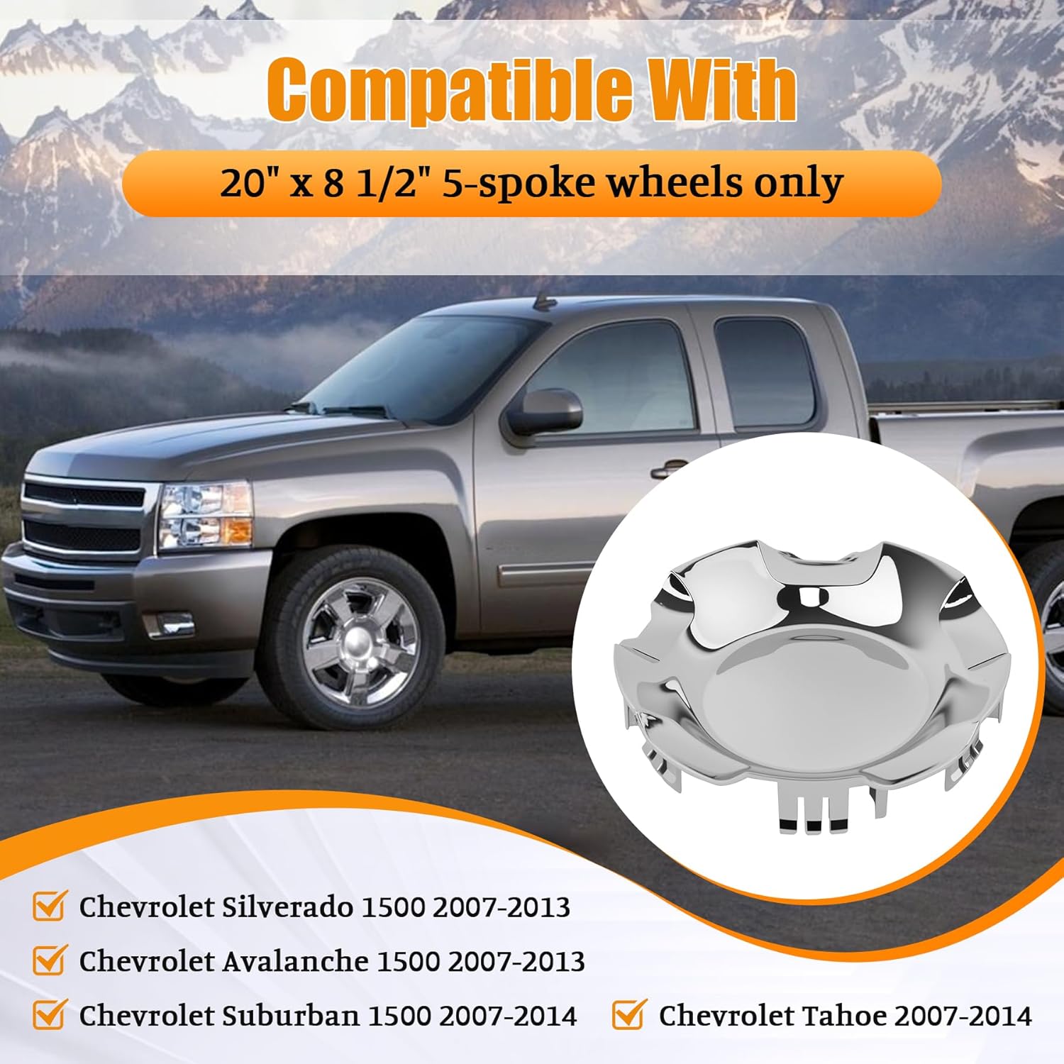 4 Pcs Wheel Center Caps Hubcap Cover, 20" 5-Spoke Wheels Only, Replace for 9596007 9595152, Compatible with Chevrolet Silverado Avalanche 2007-2013 Suburban Tahoe 2007-2014