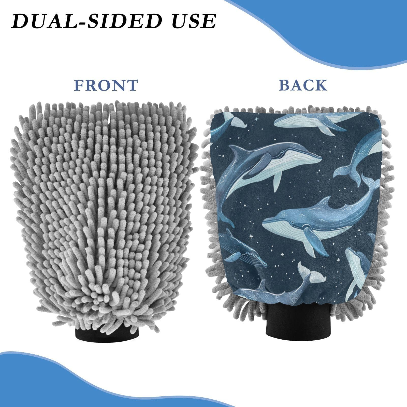 ALAZA Whale Polka Dots Car Wash Mitt Scratch Free, 2 Pack Absorbent Microfiber/Chenille Washing & Drying Mitts, L
