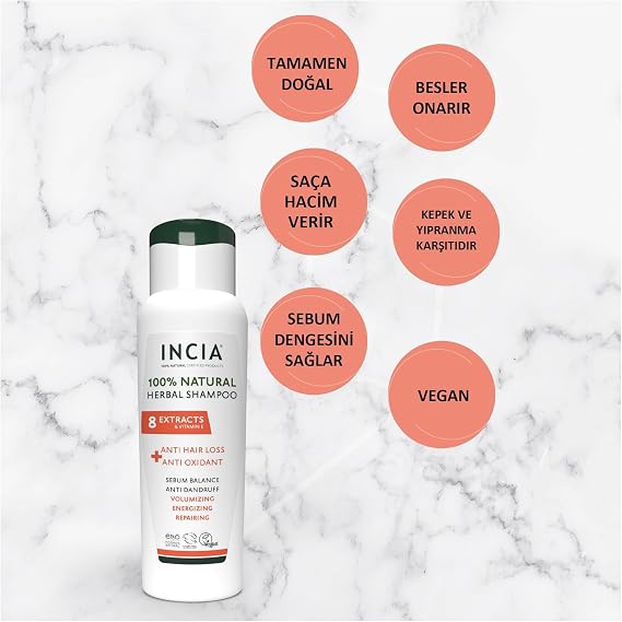 INCIA%100 Doğal Saç Dökülmesine Karşı Etkili Şampuan 8 Değerli Bitki Ekstresi Vegan 275 ml
