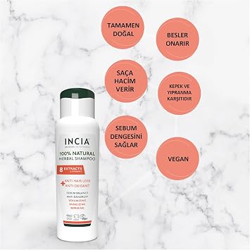 INCIA%100 Doğal Saç Dökülmesine Karşı Etkili Şampuan 8 Değerli Bitki Ekstresi Vegan 275 ml