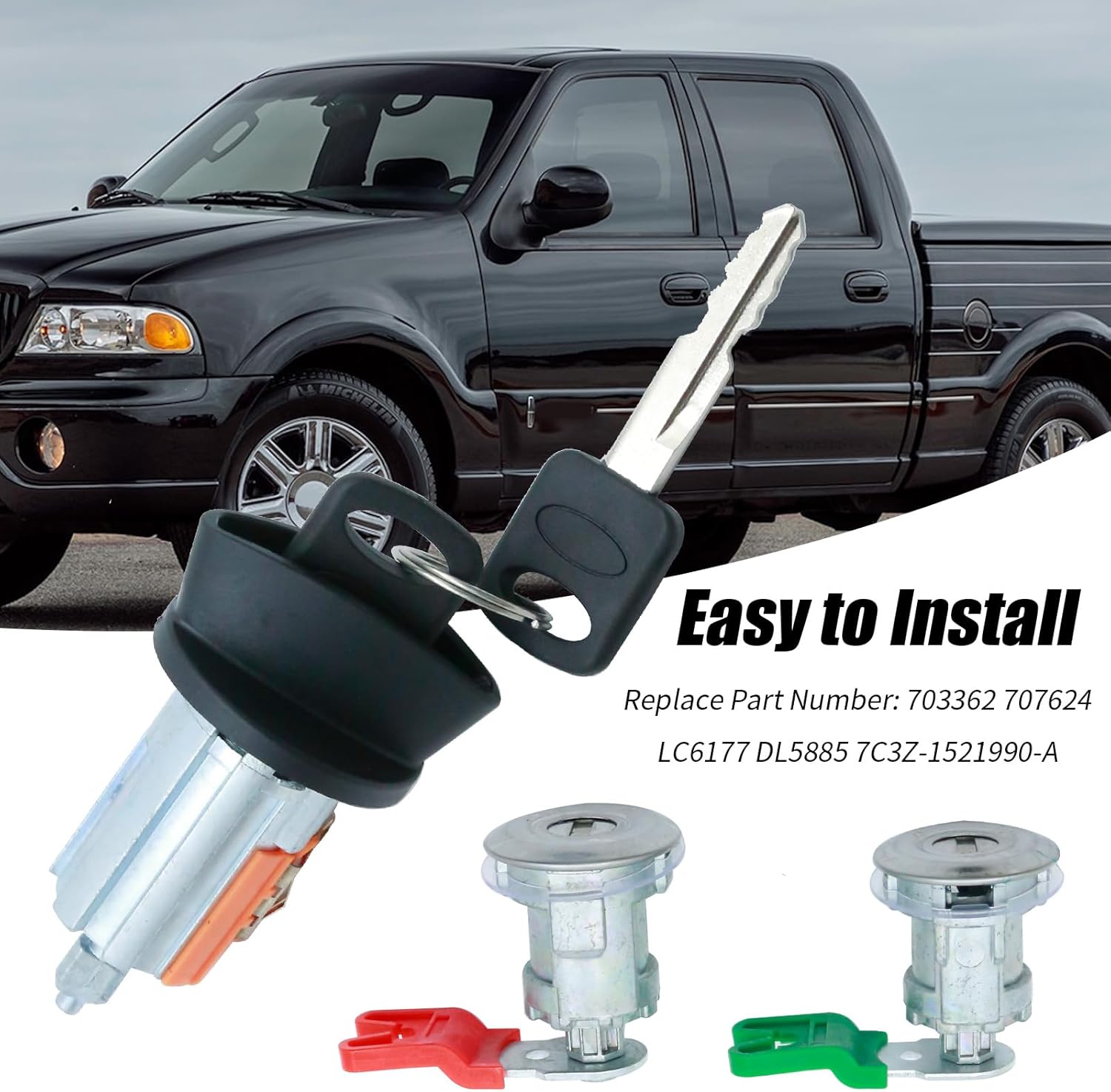 Anxingo 707624 Door Lock Cylinder and Ignition Switch with Key Set, Replacement for Ford F150/250/350 2001-2007 Replacement for Ford Explorer Replacement for Lincoln Blackwood Replaces 703362