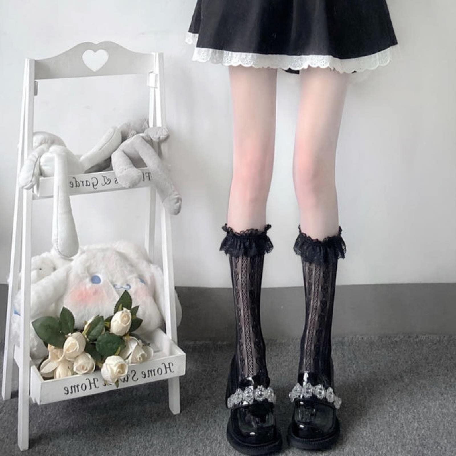 Koronkowe podkolanówki, Damskie koronkowe serce wzburzyć Lolita podkolanówki siateczkowe pończochy czarne białe 5/10/15/20 par(A Black Under Knee 20 Pairs)