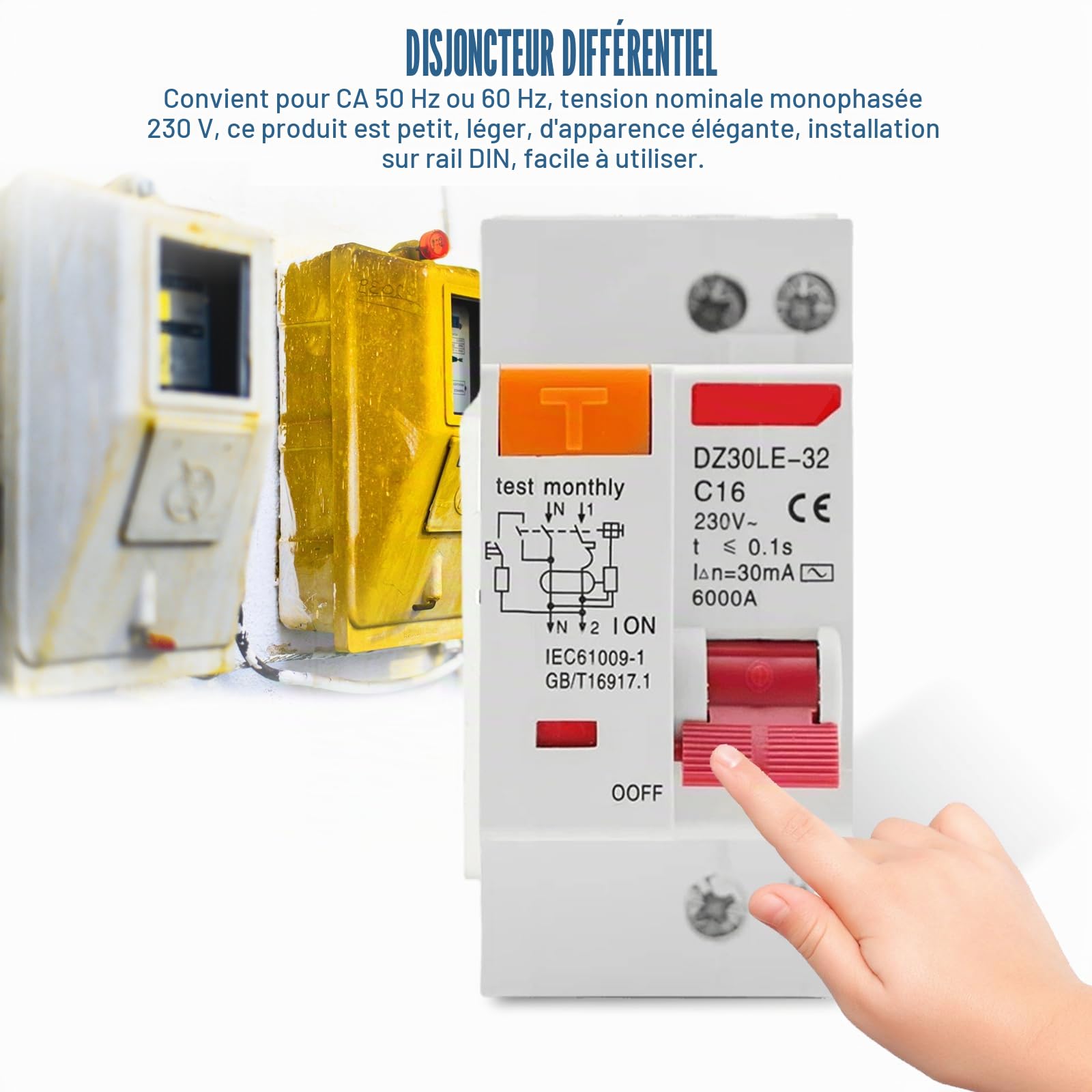 Disjoncteur Fi 16 A, AC 230 V 30 mA Disjoncteur différentiel, rail chapeau, protection contre les surcharges, disjoncteur différentiel, interrupteur FI/LS