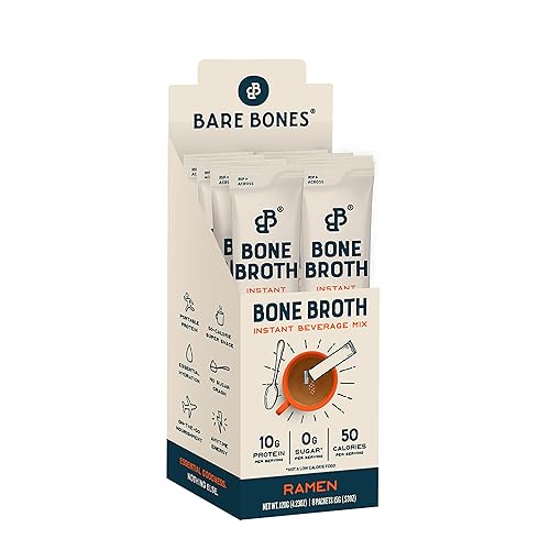 Bare Bones Bone Broth - Mezcla instantánea en polvo para bebidas, ramen, paquete de 8, barras de 0.53oz, 0.35oz de proteína, apta para dieta