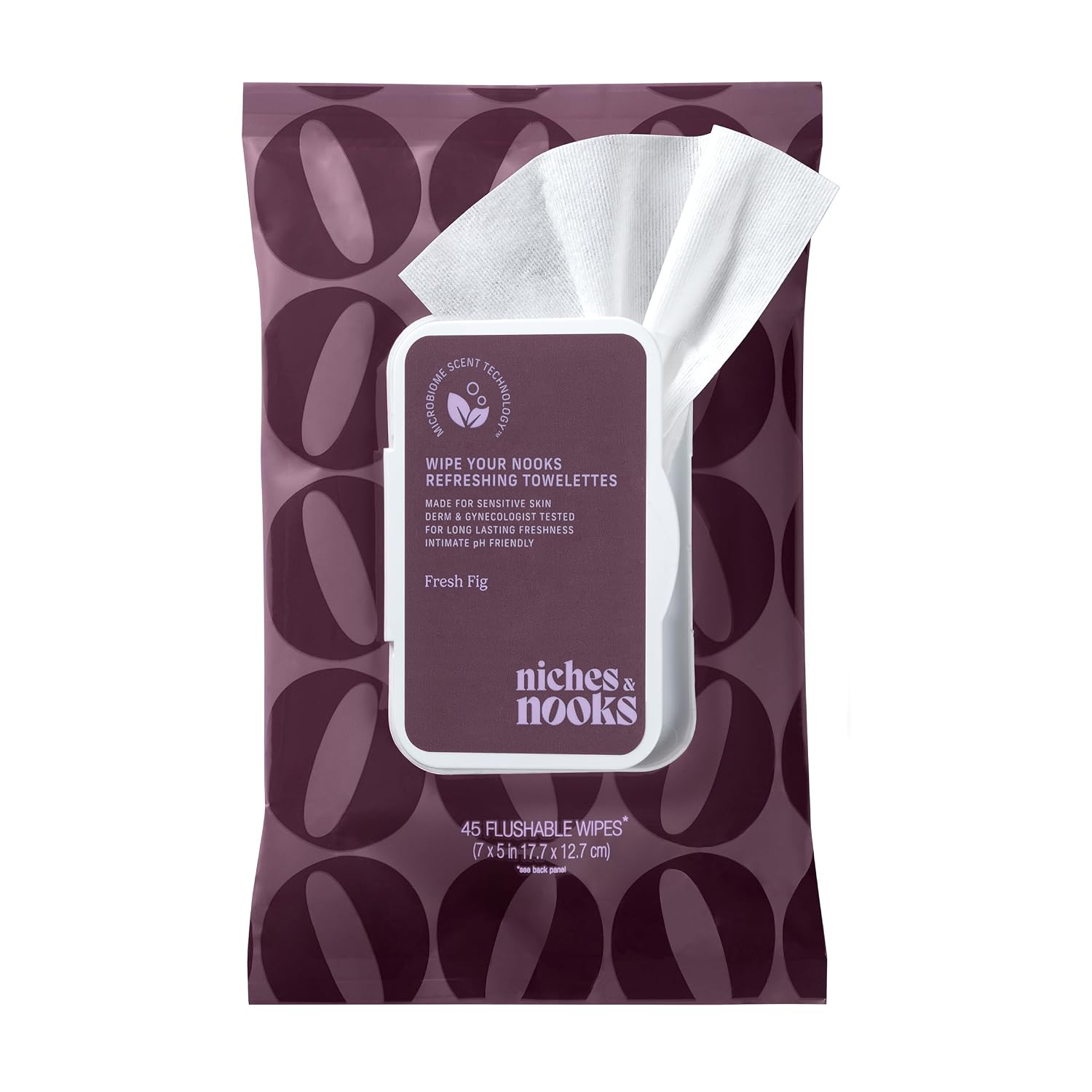 Niches & Nooks pH Balanced Aloe Vera Feminine Flushable Wipes for Women with Sensitive Skin – Fresh Fig – Odor Neutralizing – Daily Intimate Flushable Feminine Hygiene Wipes – Clean + Vegan – 45 Ct.