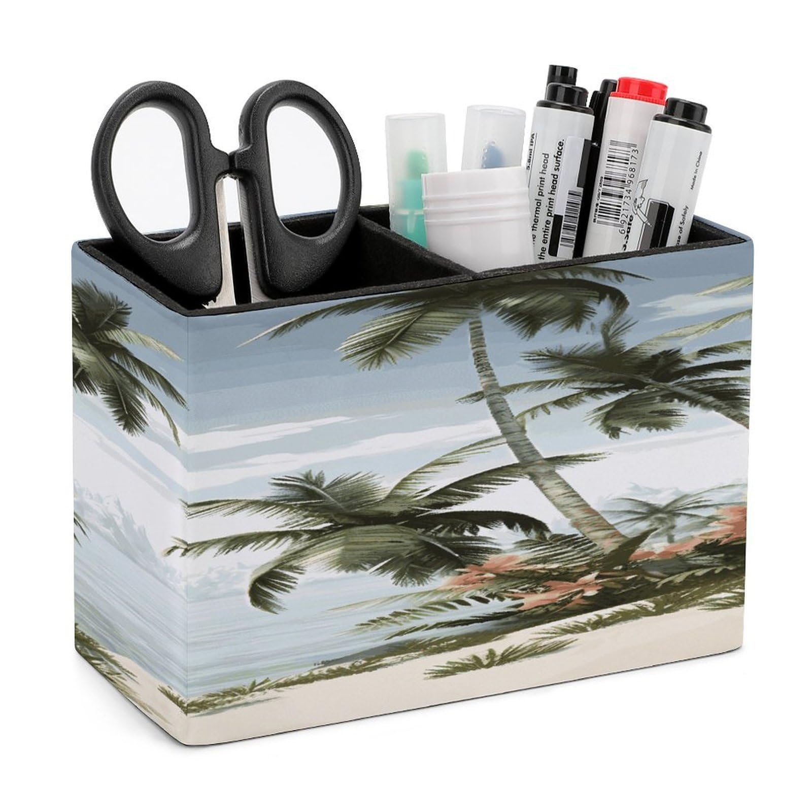 VstaDank Tropical Palm Trees Pencil Holder for Desk(Double Slots) Fashion Leather Pencil Cup Simple Rectangular Shape Pen Holder Multi-Functional Pen Cup for Home Office Supplies Storage