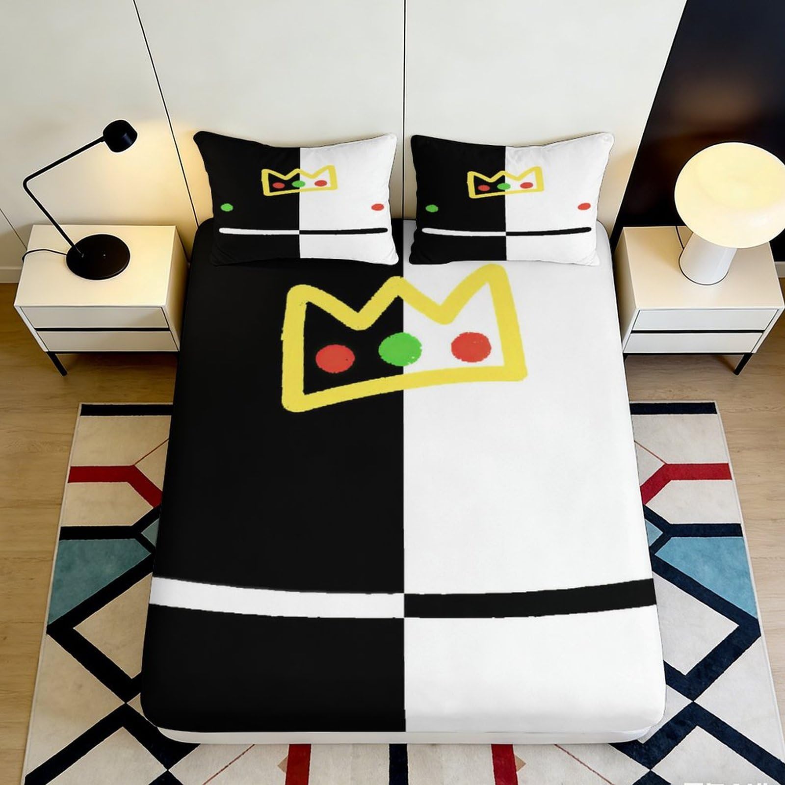 Modern monochrome crown 3D Printed Fitted Sheet, soft touch Microfiber, bedroom decor, wrinkle resistant, apartment bedding, easy care, anti-slip 90x200x25cm