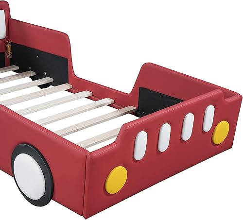Miniatura 16 de Cama de plataforma clásica en forma de automóvil con ruedas, cama de automóvil de tamaño matrimonial con soporte de listones de madera, marco de