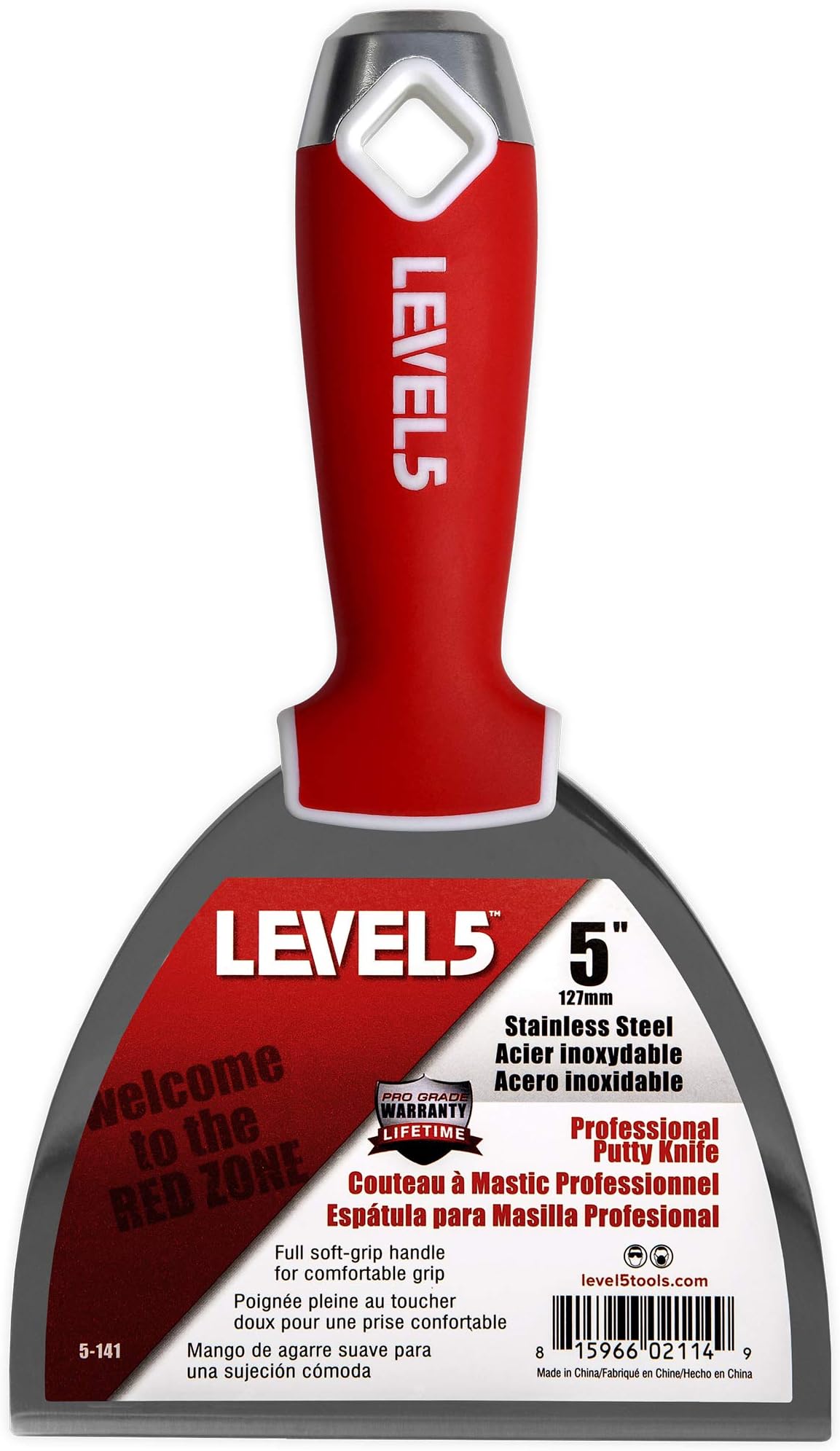 5" Soft-Grip Stainless Steel Drywall Joint Knife - LEVEL5 | Pro-Grade | Comfortable Finishing Hand Tool | Metal Hammer End | Sheetrock Gyprock Plasterboard Mud | 5-141