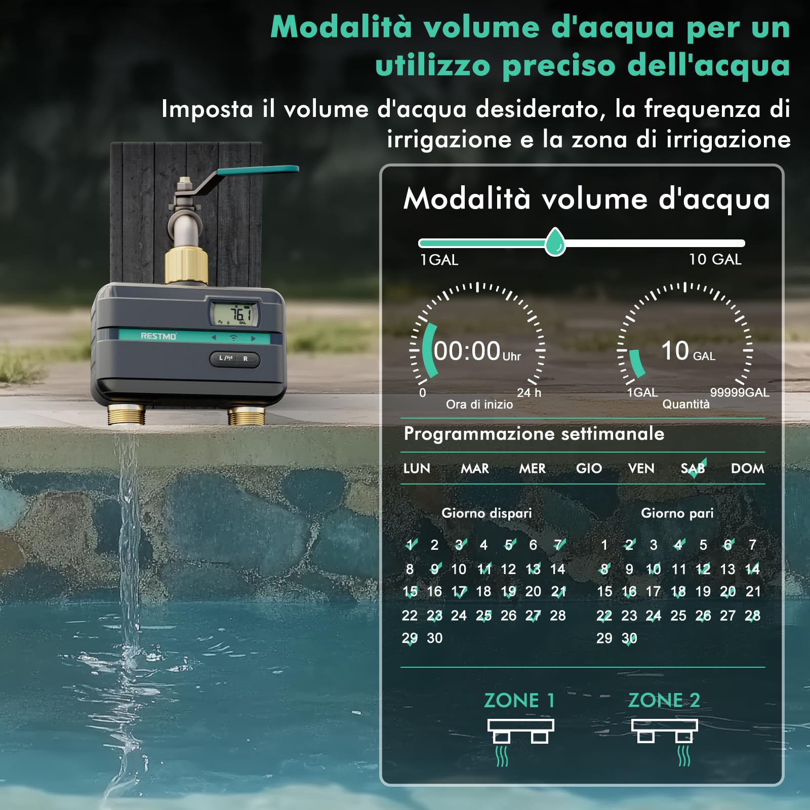RESTMO Computer di Irrigazione a 2 Zona con Chip Bluetooth | Controllo app, Automatico/Manuale/Ritardo Della Pioggia, Timer di Irrigazione per Tubo da Giardino