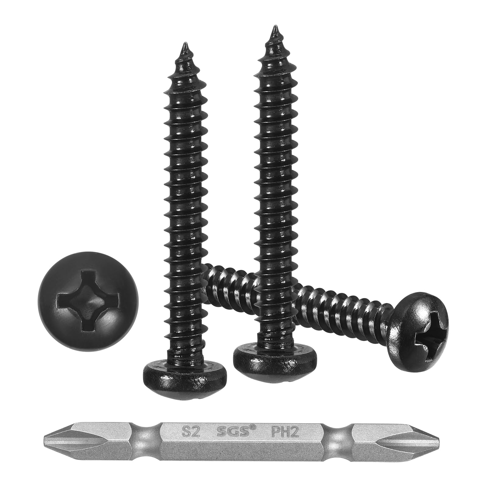 METALLIXITY Phillips Pan Head Self Tapping Screws(#8x1-1/4") 125Pcs, 304 Stainless Steel Self Drilling Screw for Metal Wood Plastic with Bit, for Cabinet Wall Shutter Plate Furniture, Black