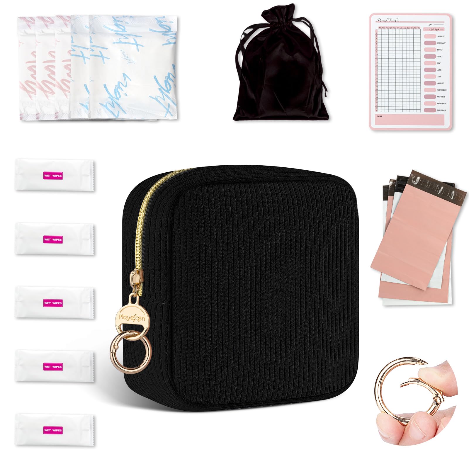 First Period kit for Girls, Corduroy Cute Sanitary Napkin Storage Bag, Menstrual Pad Bag Tampon Holder for Purse, First Period Gifts (Black)