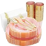 Hioasis 175pcs Clear Pink Plastic Plates - Elegant Disposable Dinnerware Set Suitable for 25 Guests Include 10.25 Dinner & 7.5 Dessert Plates, Cutlery, Napkins, Cups for Party & Wedding