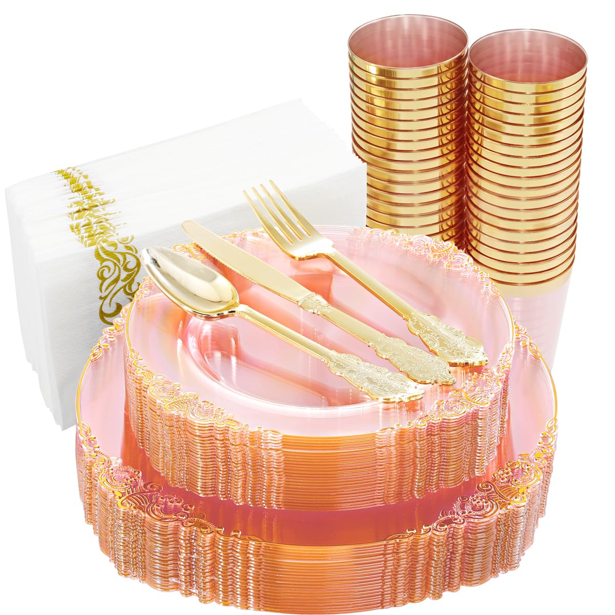 Hioasis 175pcs Pink and Gold Plates - Pink Party Plates for 25 Guest, Include 50 Heavy-duty Plates(20% Thicker Than Standard), 75 Cutlery Set, 25